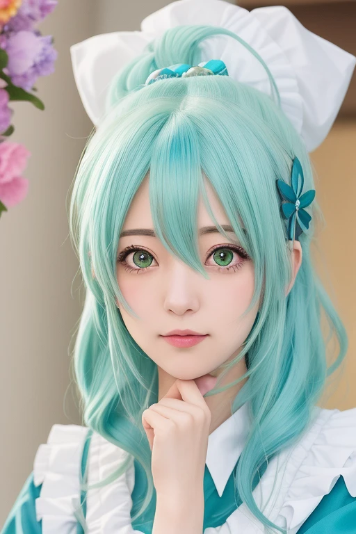 a close up of a person with green hair and a blue dress, mikudayo, shirabii, anime visual of a cute girl, today's featured anime still, aqua from konosuba, she has a cute expressive face, shikamimi, anime girl with teal hair, wataru kajika, tsuaii, anime moe artstyle