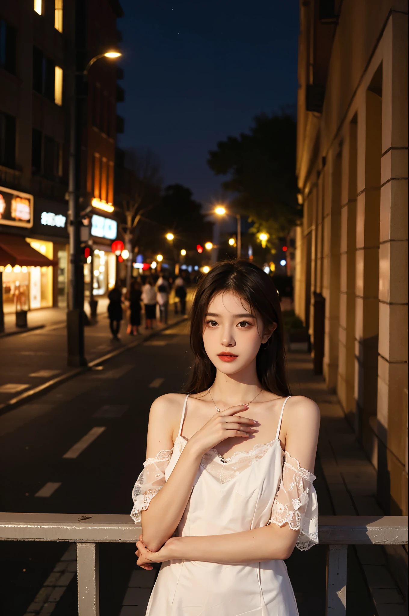 tmasterpiece, Best quality at best, Marianne_Time flies, lace material dress, Capulet, The background is the city, Permanent, the night, Ao olhar para cima, The upper part of the body, 详细的脸,Perfect details,Girl puts her hands in front of her body