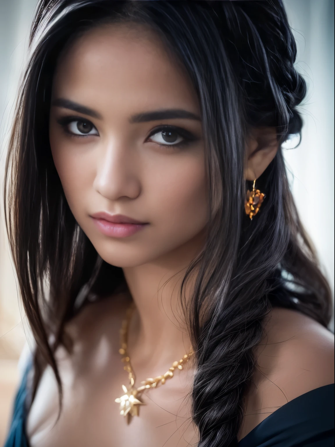masterpiece, (photorealistic: 1.4), top quality, beautiful lighting, girl 1 person, solo, (((((Highly detailed face)))), (Highly detailed eyes and face)))), beautiful detail eyes, palace, jewelry, earrings, formal dress, long hair, blue eyes, black hair, upper body, large breasts, lips, braid, hair ornament, realistic, bangs, red necklace, hair band, big, beautiful legs, tiara, ( CG unity 8k highly detailed wallpaper), complex, high detail, sharp focus, dramatic, beautiful girl, golden detail , RAW photography, 8k uhd, film grain
