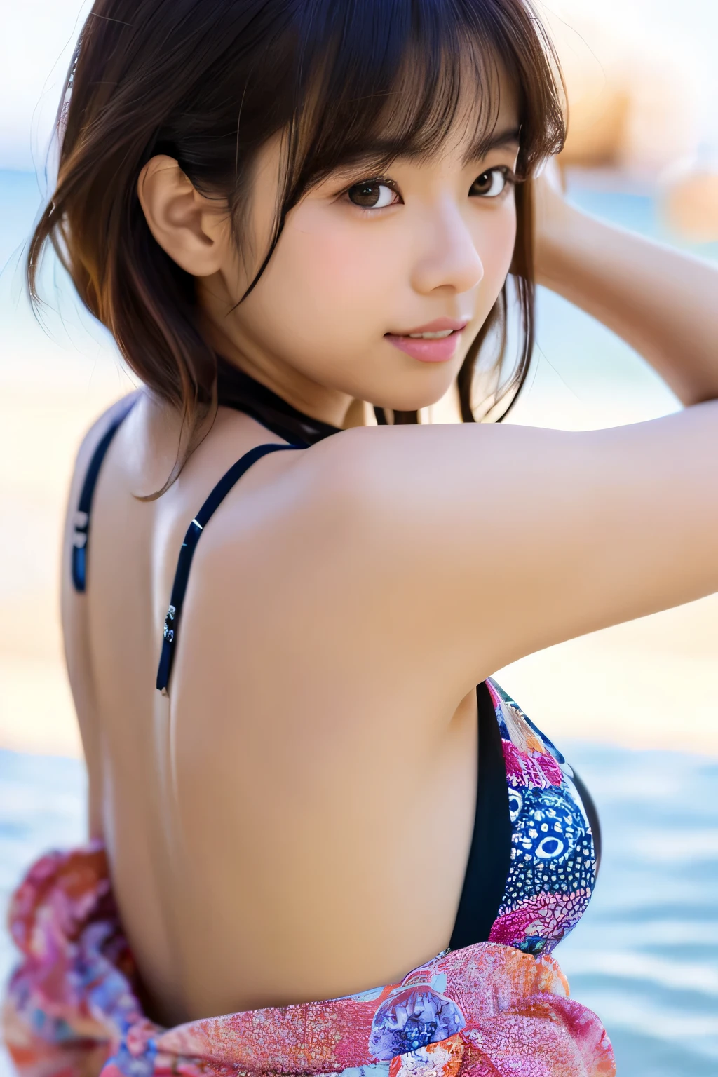 masutepiece, Best Quality, Illustration, Ultra-detailed, finely detail, hight resolution, 8K Wallpaper, Perfect dynamic composition, Beautiful detailed eyes, maikurobikini,Looking back ,T back、Small  natural color lip, Bold  poses,Harajuku、20 years girl、Cute、Everlasting summer beach、Subject looking at  pose on camera