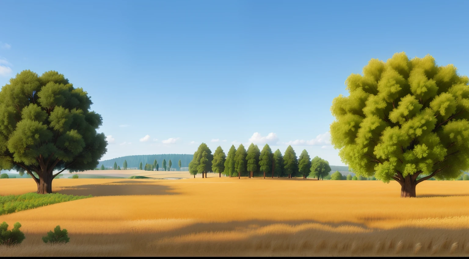 A wheat field, seen from a distance, with trees from the forest visible in the background