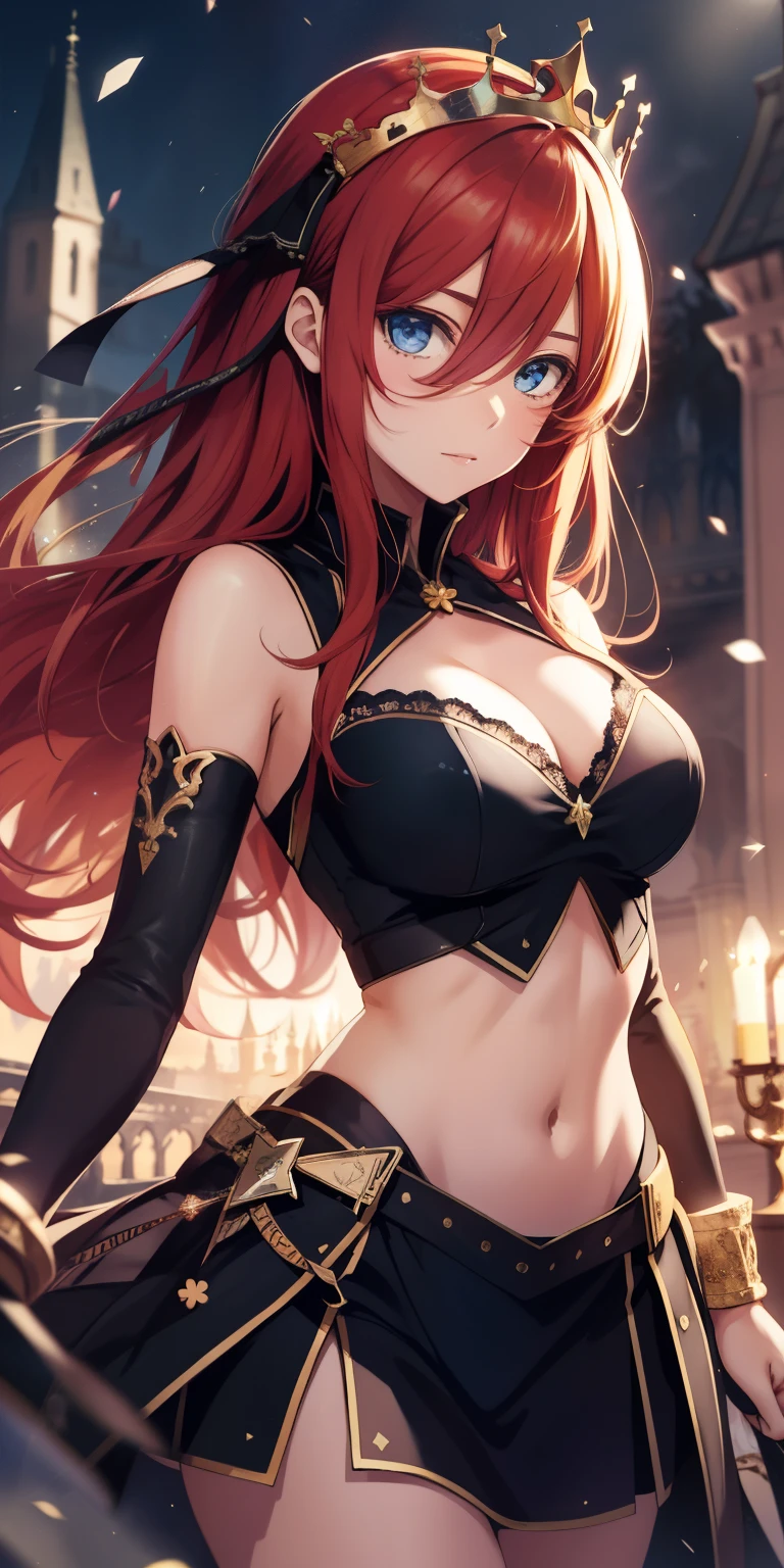 2masterpiece, best quality, anime, highly detailed, 1girl, solo, queen shot, nakano nino, brown hair, hair between eyes, , crown, Crop top , cleavage , model cards , queen cards dress, medium breasts, standing, , castle, Full of background cards HD lighting and dark )<=(epic image quality)dark atmosphere with bright particle light(many effects in background. Clover card symbol.