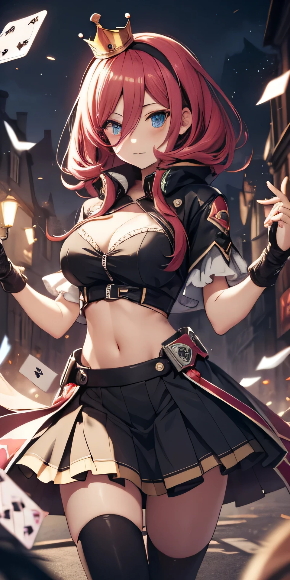 2d, masterpiece, best quality, anime, highly detailed, 1girl, solo, cowboy shot, nakano miku, brown hair, hair between eyes, , crown, Crop top , cleavage , skirt cards , queen cards dress, medium breasts, standing, , castle, Full of background cards HD lighting and dark )<=(epic image quality)dark atmosphere with bright particle light(many effects in background)