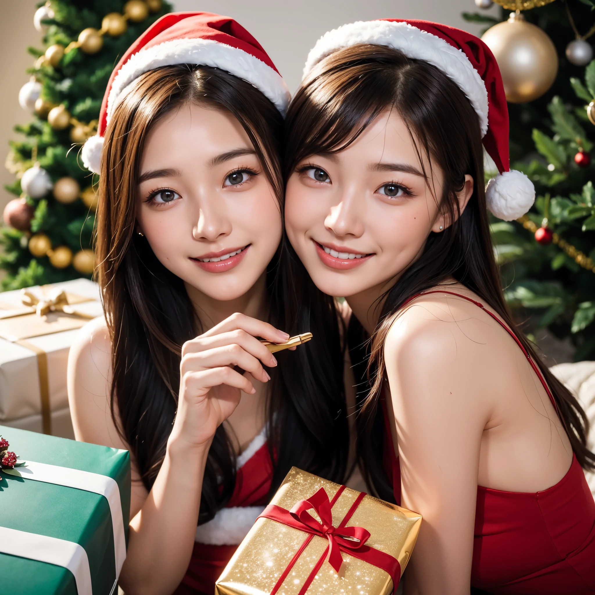 ((best quality)), ((masterpiece)), (detailed), perfect face 2 sisters of white skin 30 years old big  Malaysian naked  hijab mommy touch each other in crishtimas style with Christmas three and gifts background