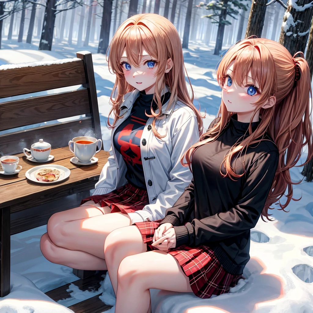 red blonde、blue eyess、one good looking girl、独奏、animesque、Plaid miniskirt、Black T-shirt、coat、the woods、Sunlight、Looks cold、Snow is piled up、drinking steaming tea、sitting on、kicking snow