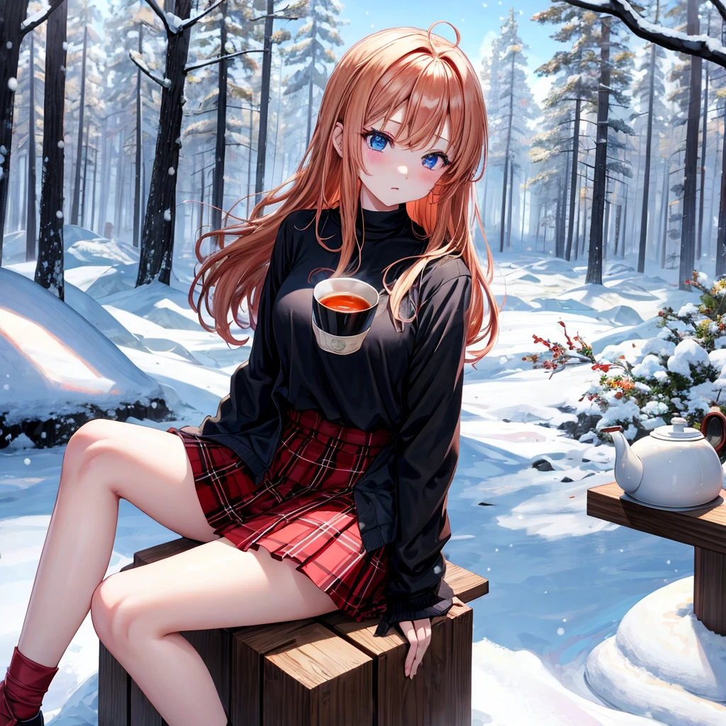 red blonde、blue eyess、one good looking girl、独奏、animesque、Plaid miniskirt、Black T-shirt、coat、the woods、Sunlight、Looks cold、Snow is piled up、drinking steaming tea、sitting on、kicking snow