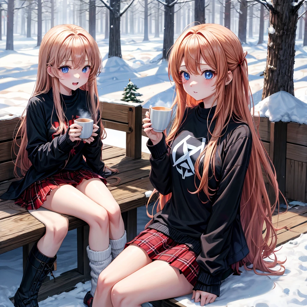 red blonde、blue eyess、one good looking girl、独奏、animesque、Plaid miniskirt、Black T-shirt、coat、the woods、Sunlight、Looks cold、Snow is piled up、drinking steaming tea、sitting on、kicking snow