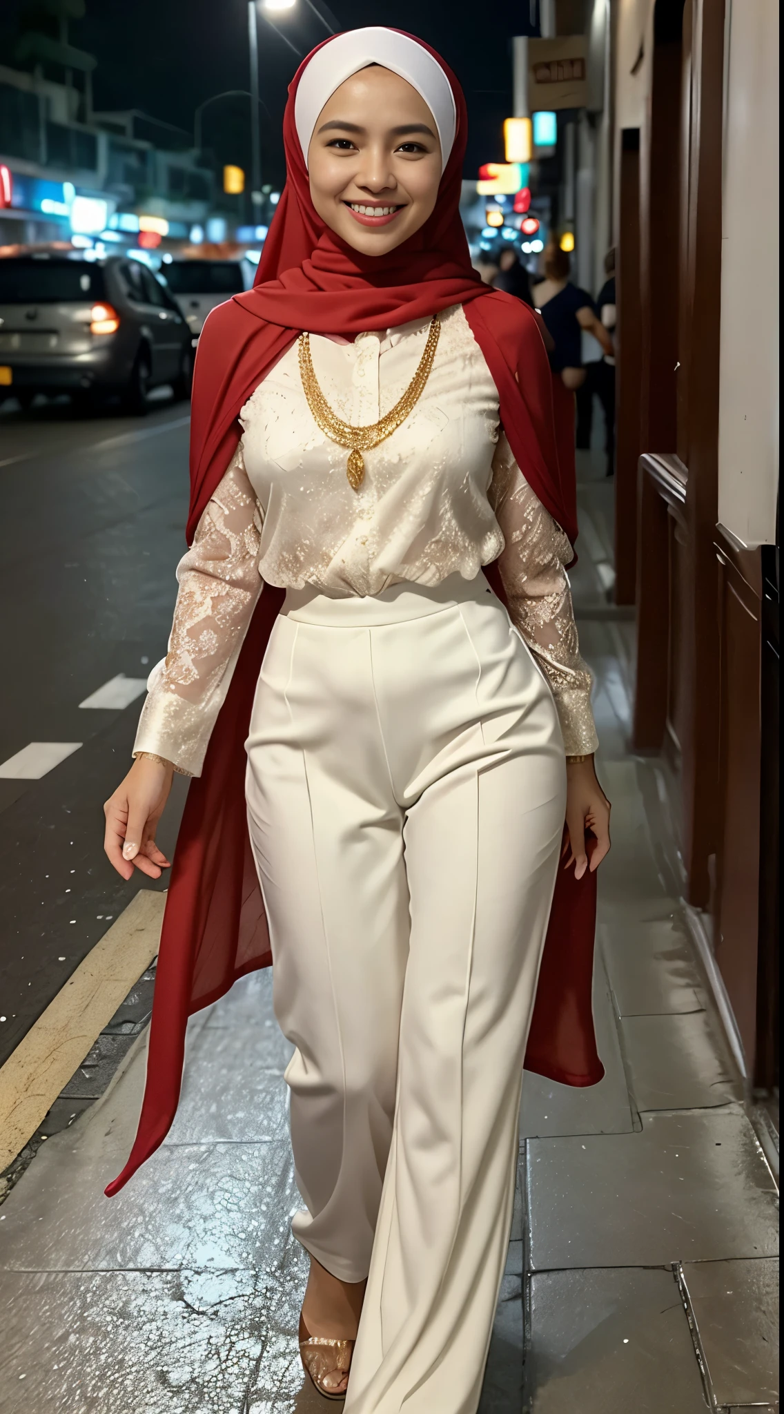 Malay girl long red hijab , wear white lace bra and white high waist pants, suits, smiling, wear big gold necklace chain, front view, windy, detail skin, age spot, detail skin texture, mole below eyes, wide hips, thick thighs, beautiful body, morning, laughing, happy, bright lighting, people in background, nighttime, blur background, bokeh, location: kuala lumpur city street
