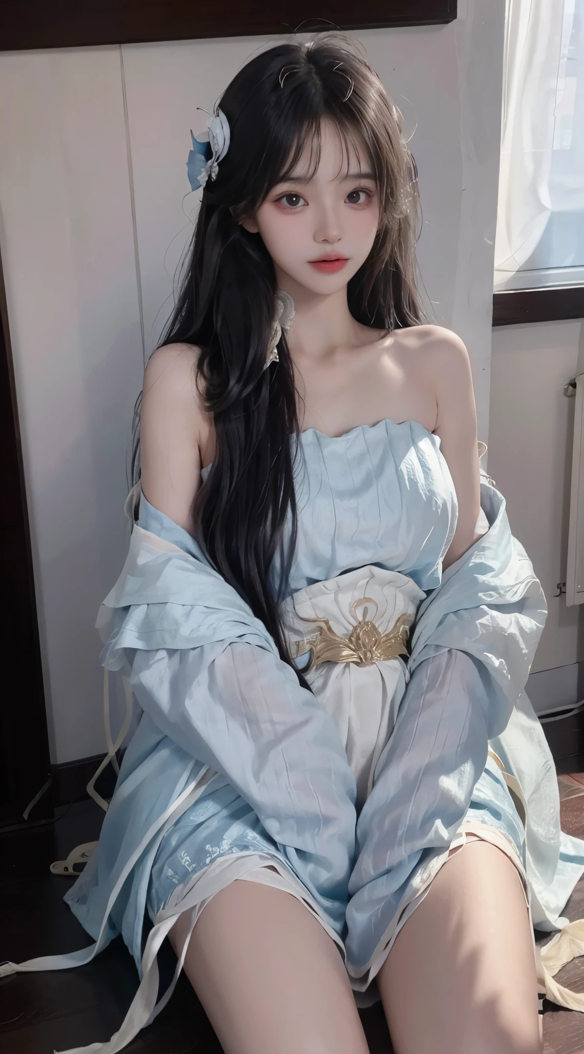 film portrait photography， 1girl， Wavy shoulder-length hair， peacful， serenidade， （Realistic detailed eyes， Natural skin texture， Realistic facial details）， Soft dramatic lighting， depth of fields， bokeh， vibrant detail， finedetail， hyper realisitc， 35mm film， Hazy and blurry