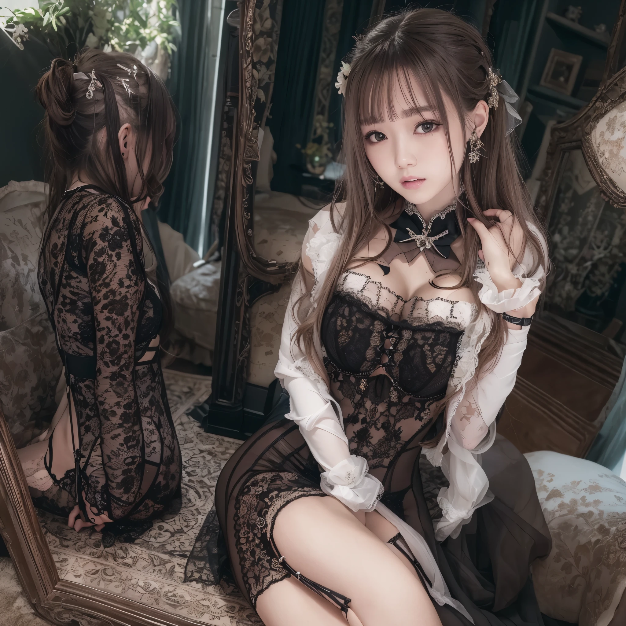 （8K ，Hyper-detailing，Ultra photo realsisim，Best Masterpiece，naturey，Perfect Artwork，Perfect female body），2 cute girls ，came out from the next room，Wear sexy lingerie，Black suspender stockings，Raised sexy，Metamorphosis is exposed ，FULL BODYSHOT