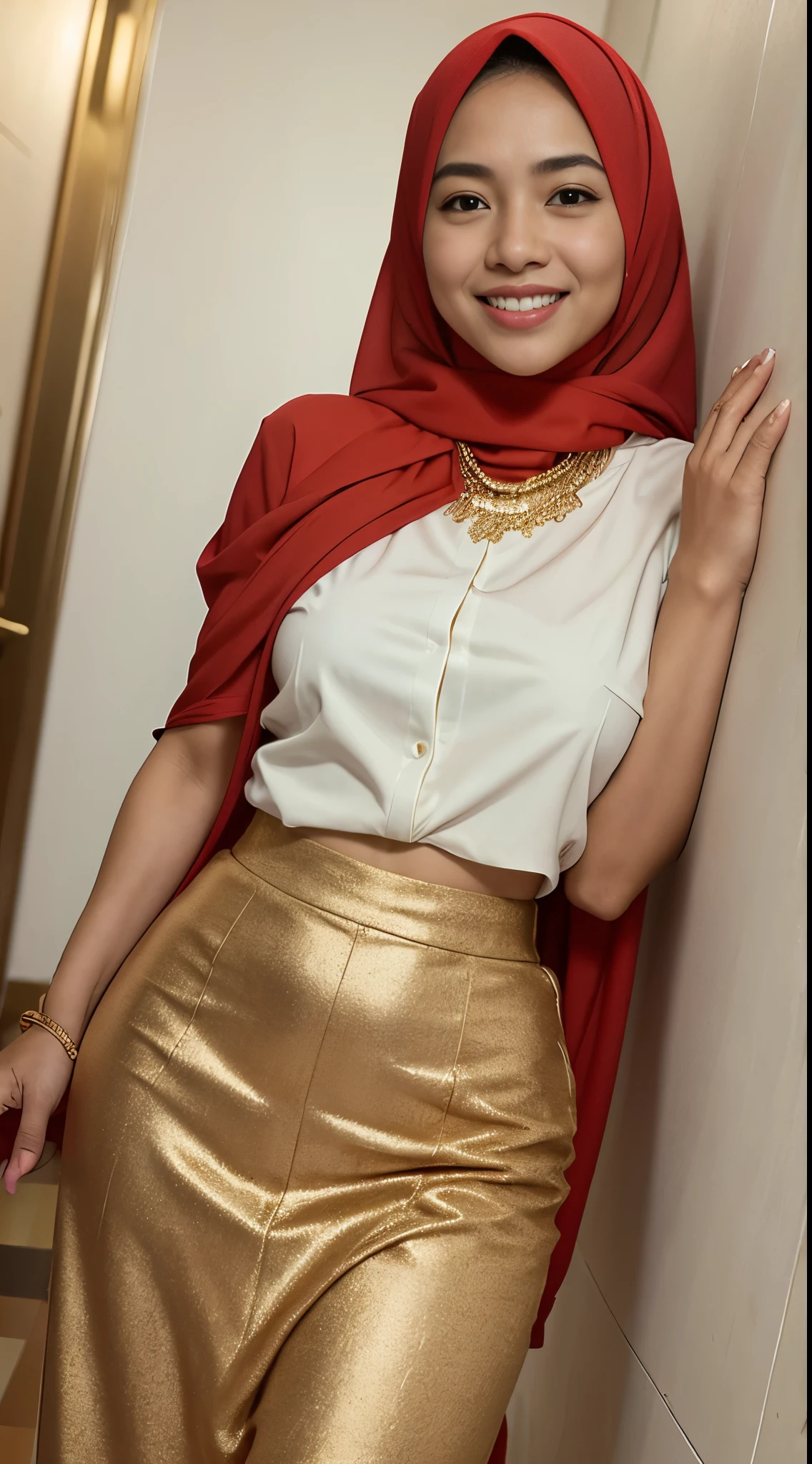 Malay girl long red hijab , wear white high waist pants and topless, smiling, wear big gold necklace chain, front view, windy, detail skin, age spot, detail skin texture, mole below eyes, wide hips, thick thighs, beautiful body, morning, laughing, happy, bright lighting, people in background, nighttime, blur background, bokeh, location: kuala lumpur city street