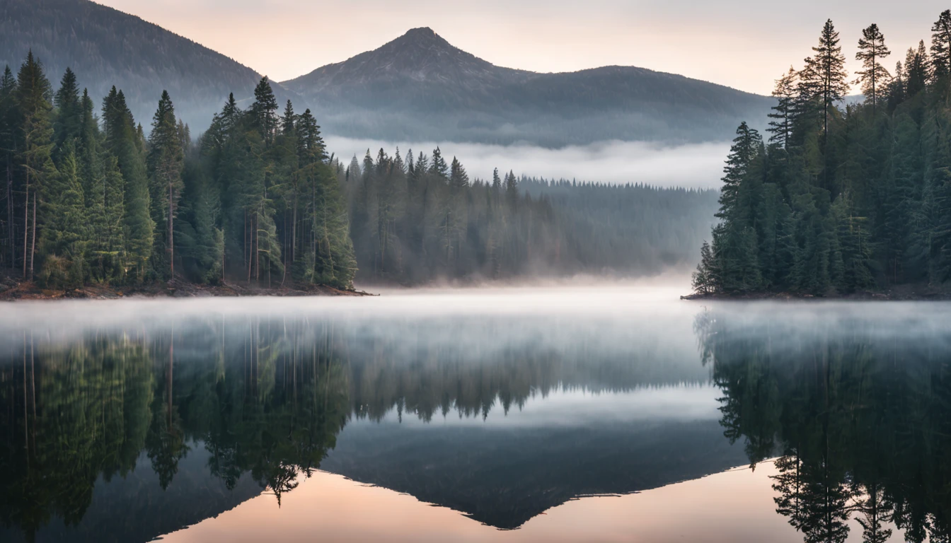 A tranquil sunrise over a mist-covered mountain lake, with reflections of the surrounding pine trees creating a mirror-like surface. Shot on a 70mm lens with a shallow depth of field, capturing the soft colors of the dawn.