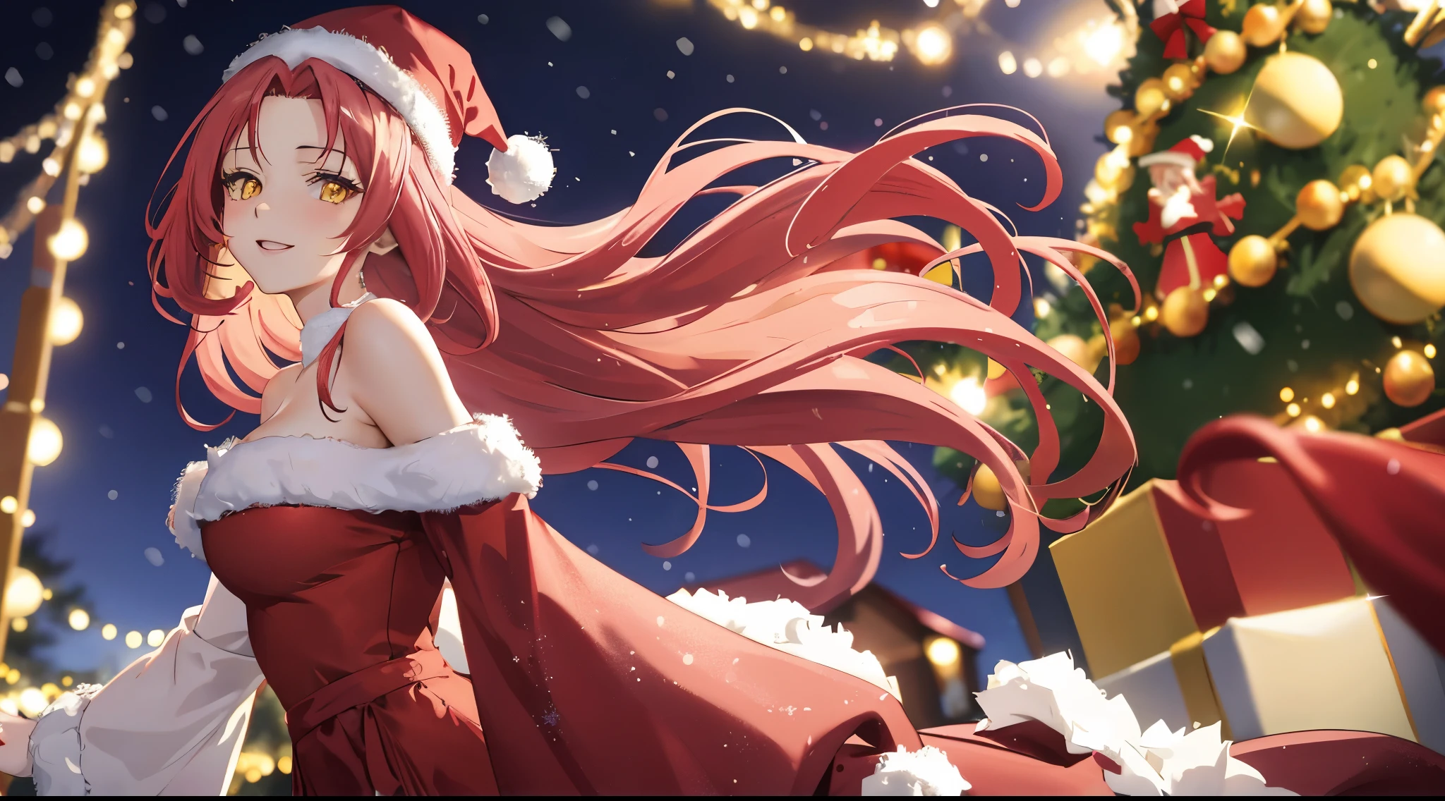 Masterpiece, best quality. 1 Anime lady ( woman), Solo, (Look at viewers) . Happy looks. She wearing off shoulder red Christmas dress, Christmas Hat. She have long pink hair, with parted bangs showing her forehead. Floating hair. Cinematic light. Background Christmas Tree (Blurry). Snowing. Yellow Eyes glowing.