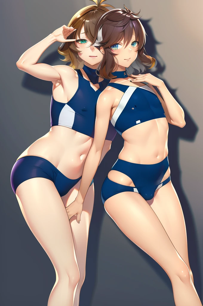 amicia michella - nijisanji, anime style, 1boy, deep violet hair, short hair, wavy hair, crop top, midriff, girly face, blushed, seductive, wide hips, thick thighs, huge round ass, flat chested, (((full flat chest))), (((bulge))), full body, dynamic pose, office, absurdres, high res, ultrasharp, 8K, masterpiece, looking at viewer, CuteTraps