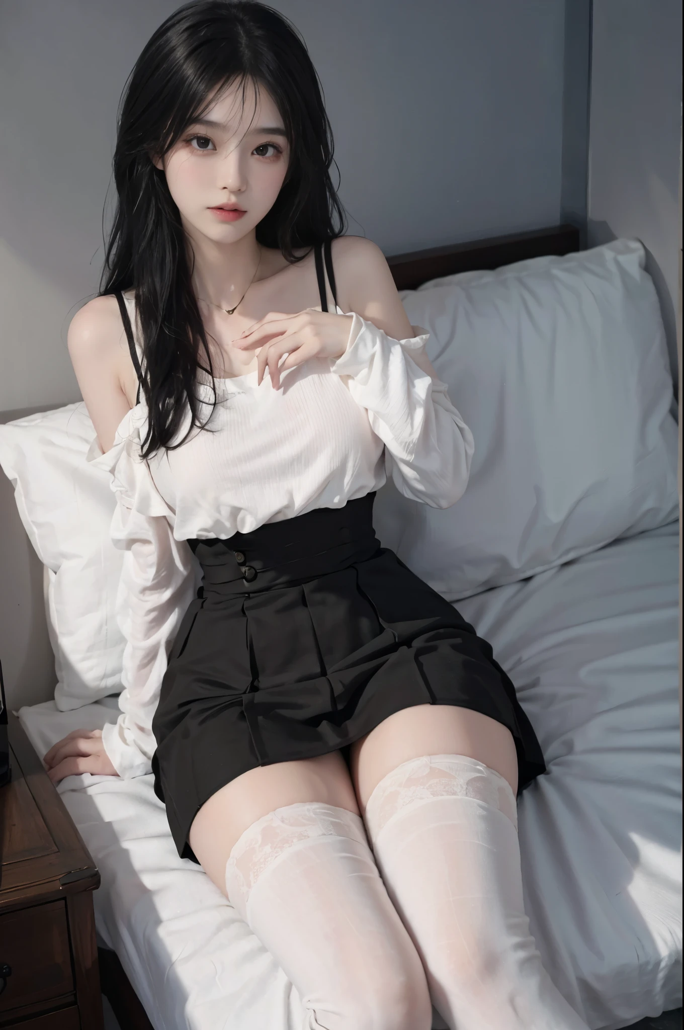 Sweet girl clothes5,high-waist skirt,jewelry,thighhighs,, Film portrait photography, 1个Giant Breast Girl, Shoulder length wavy hair, peaceful, peacful, (Realistic and detailed eyes, Natural skin texture, Realistic facial details), Soft dramatic lighting, Depth of field of view, vibrant detail, finely detailled, hyper realisitc, 35㎜ film, hazy and blurry
