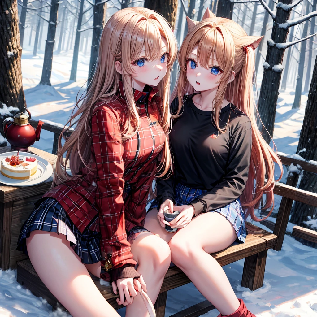 red blonde、blue eyess、one good looking girl、独奏、animesque、Plaid miniskirt、Black T-shirt、coat、the woods、Sunlight、Looks cold、Snow is piled up、drinking steaming tea、sitting on、kicking snow、a cake
