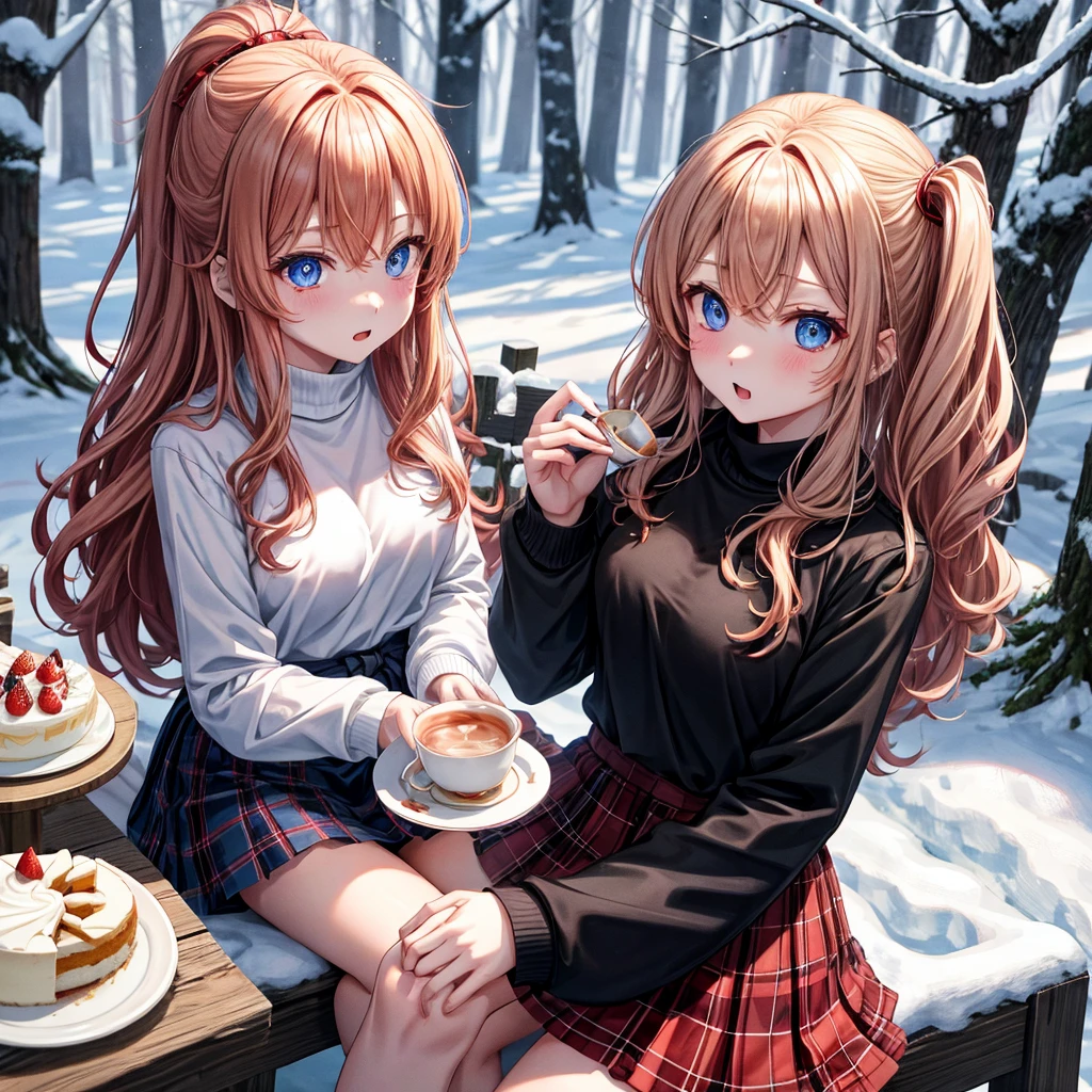 red blonde、blue eyess、one good looking girl、独奏、animesque、Plaid miniskirt、Black T-shirt、coat、the woods、Sunlight、Looks cold、Snow is piled up、drinking steaming tea、sitting on、kicking snow、a cake