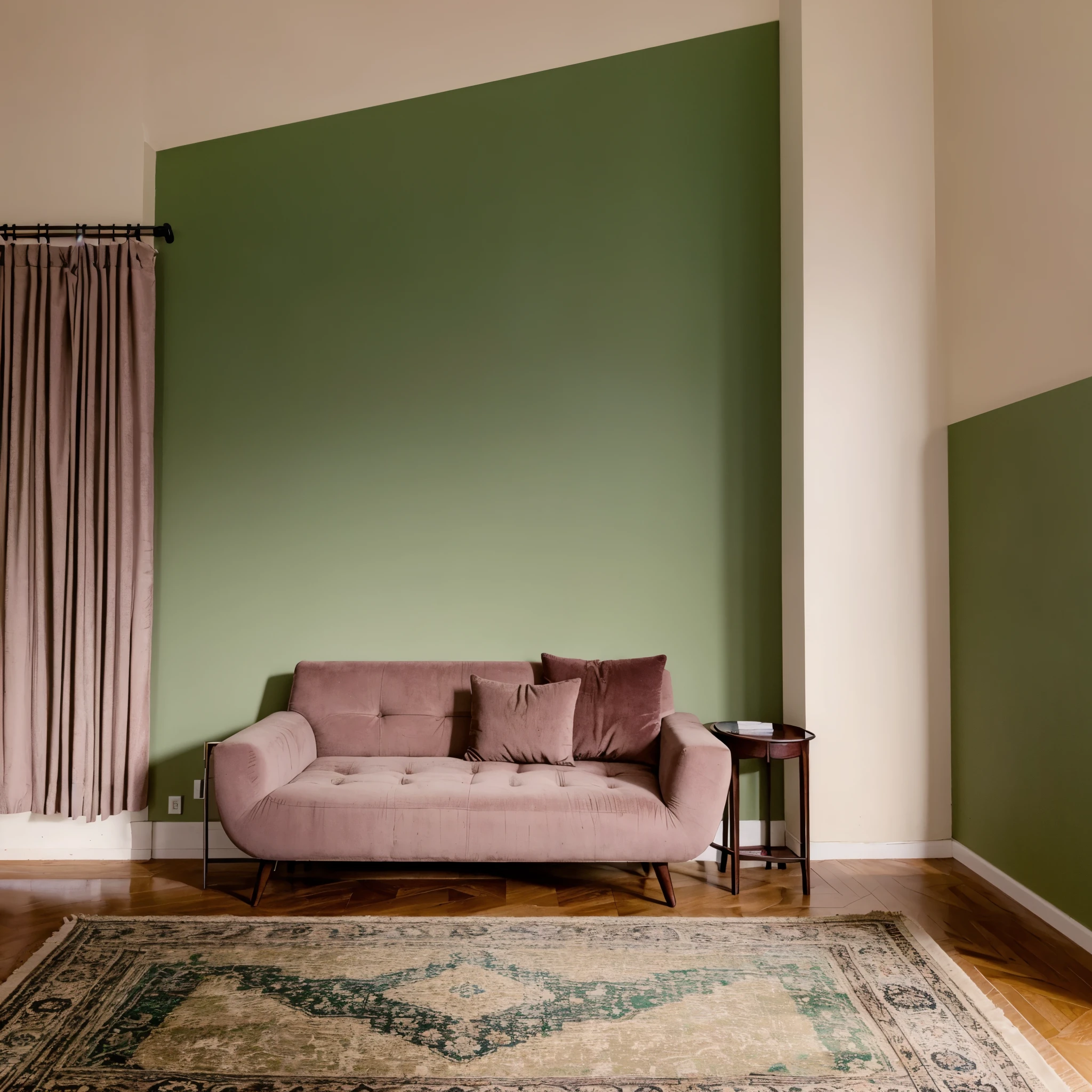 Wooden table. Dusty rose sofa. Matte green walls. Dusty rose carpet.