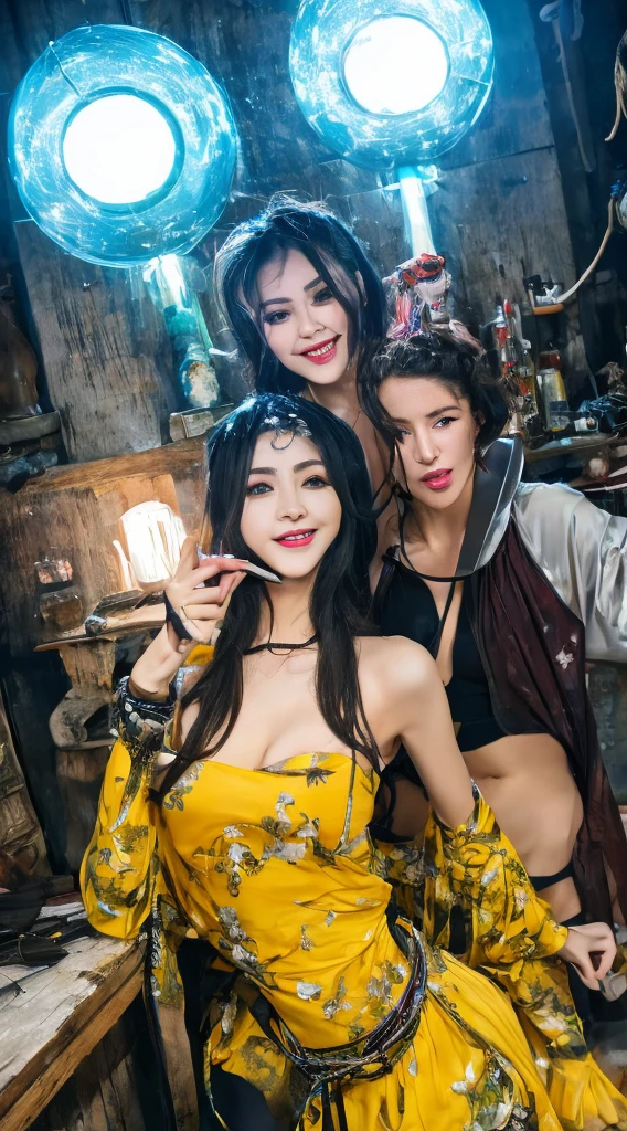 Females merchants from the 18th century, in a general store, dressed in sexy outfits revealing their breasts and pubes, tenderly engaged in intense lesbian seduction.