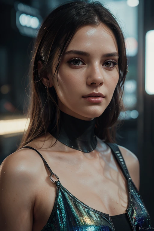 colombian girl, (very young, adolescent), (blue eyes, curly mullet, very small breasts, very skinny, nose ring), (red latex bodysuit), (close shot, face shot, intimate camera, cinematic)