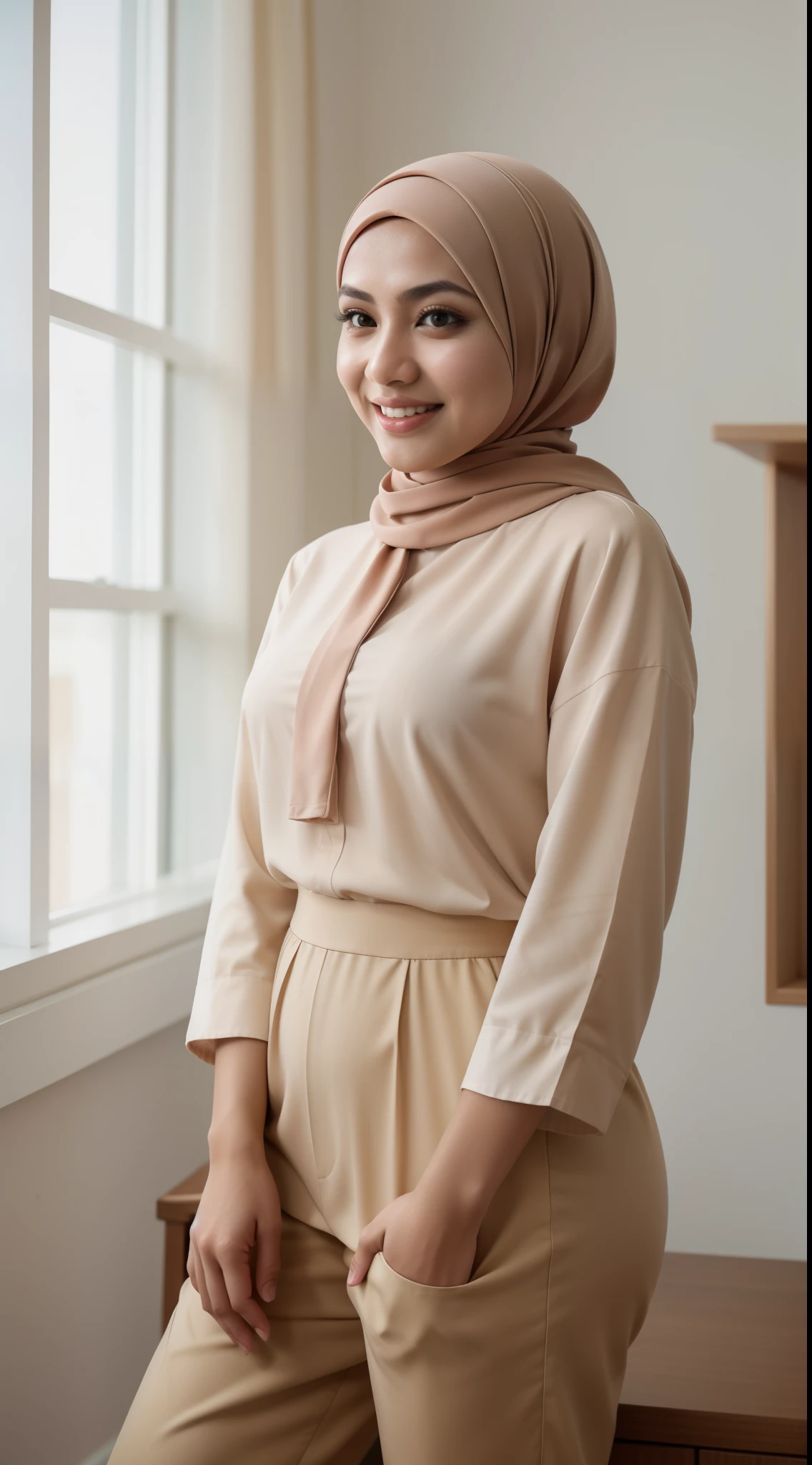 Malay girl in hijab wear big oversized loose blouse and high waist loose cotton pants, pastel color, seating, wear back pack, front view, detail skin, detail skin texture, mole below eyes, small breast, big hip, big waist, big thigh, slim abs, beautiful body, evening, laughing, happy, bright lighting, blur background, bokeh,Super 8mm lense, Extreme close-up, deep focus cinematography effect, Natural Lighting, pastel color grading, high quality, ultra detail, 8k resolution