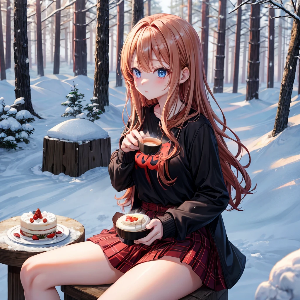 red blonde、blue eyess、one good looking girl、独奏、animesque、Plaid miniskirt、Black T-shirt、coat、the woods、Sunlight、Looks cold、Snow is piled up、drinking steaming tea、sitting on、kicking snow、a cake