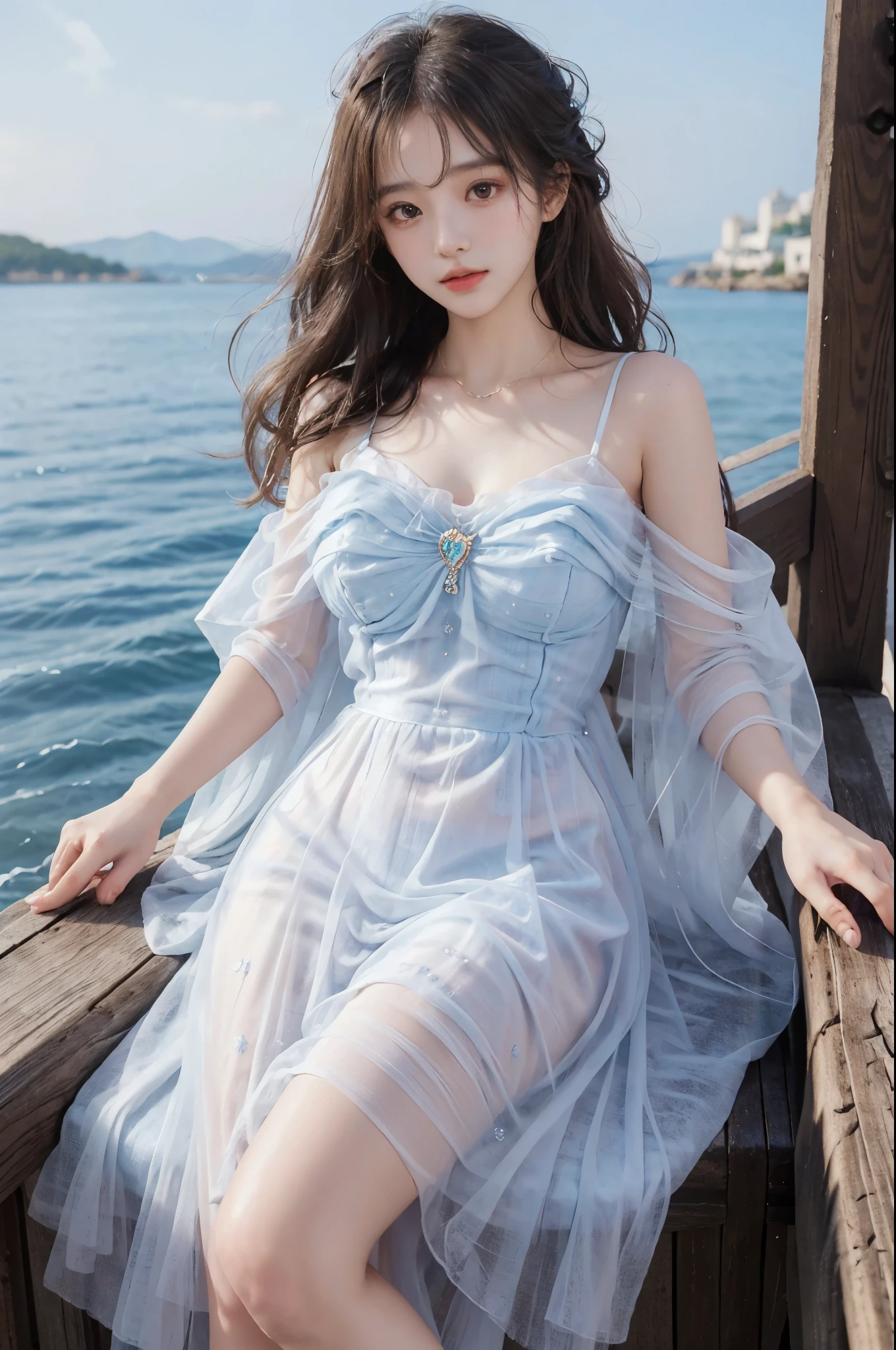 Sweet girl clothes8,(gem:1.3), Film portrait photography， 1个Giant Breast Girl， Shoulder length wavy hair， peaceful， peacful， （Realistic and detailed eyes， Natural skin texture， Realistic facial details）， Soft dramatic lighting， Depth of field of view， vibrant detail， finely detailled， hyper realisitc