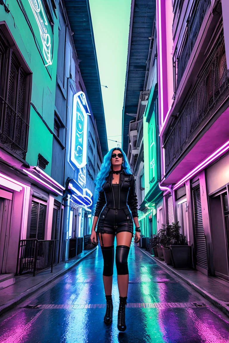 ((master part)),((best quality)),((High detail)),((Realistic,)) Cidade da era futurista, architectural streets, como uma mulher futurista android, Bazares, linhas de trem futuristas, Cyberpunk, Buildings, Noite, Cidade europeia, chuvoso, neon light, no meia da rua apareceu uma mulher bonita cabelo azul olhando para o espectador.
