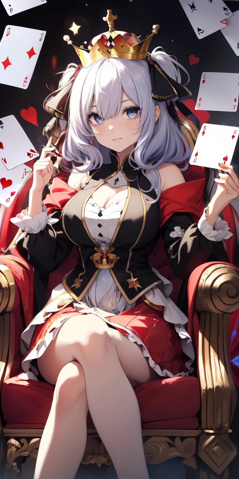 beautiful queen jester, Mixture black and white hair, Eye pupils in the shape of love, jester dress, jester crown, card magic aura around her, clover and love card particles are red, red aura like water, HD lighting and dark )<=(epic image quality)dark atmosphere with bright particle light(many effects in background,((( Thousands of cards in the background.))) ((((He sits on a luxurious crown chair.)))
