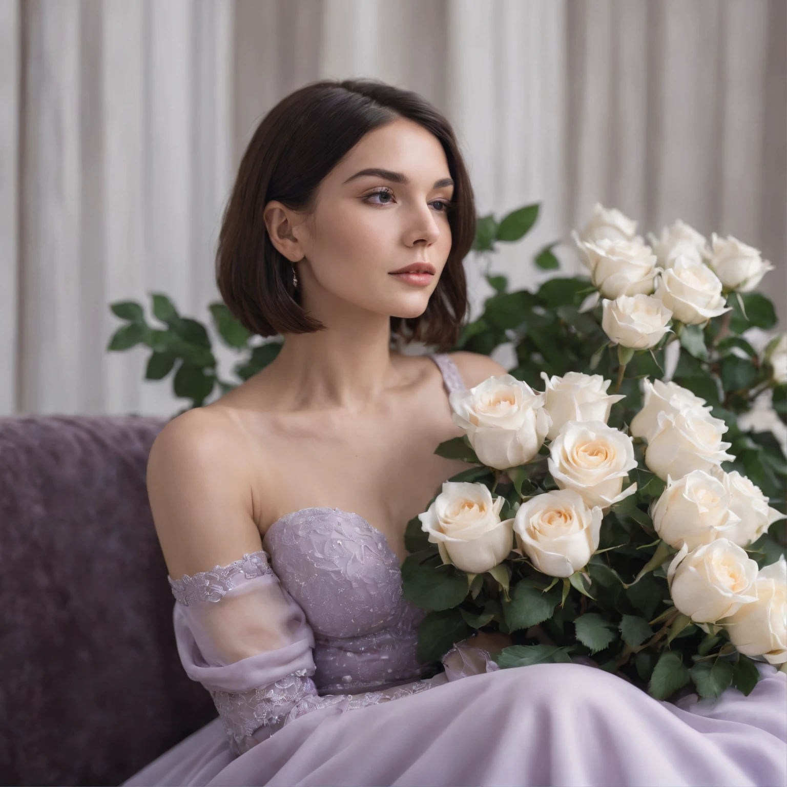 a woman, black and straight bob hair, sitting with her head down, looking at a large bouquet of white roses that is on her lap, lilac dress, view from a distance.