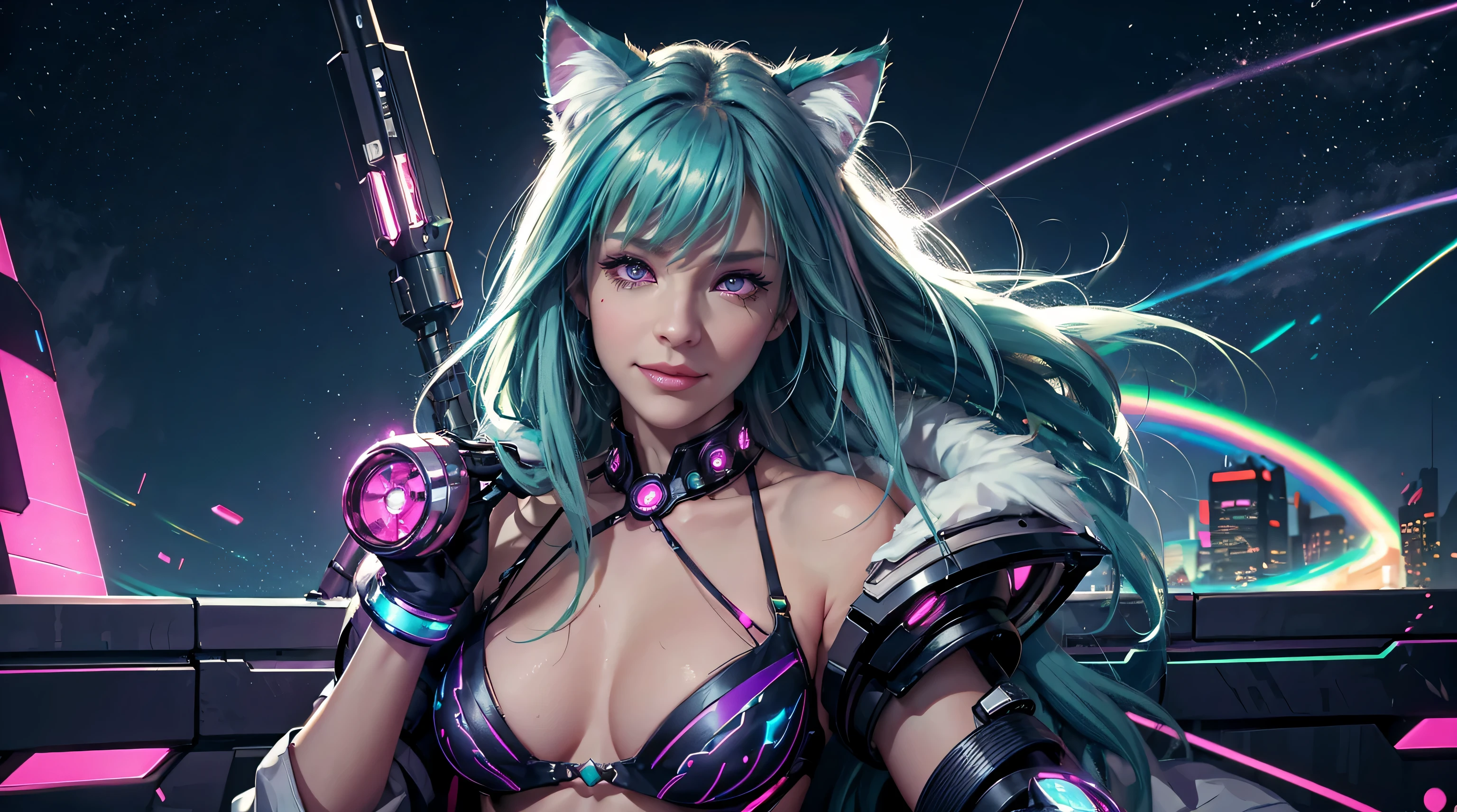 cute face, extreme abs, cute face, extreme abs, rainbow hair, intricate details, city, cyberpunk, lightning, cityscape, smiling, long hair, beautiful girl, jewlery, neon green hair, cat ears, highly-detailed, perfect face, purple eyes, lips, raining, tall, make up, zero gravity, planets space glowing powerballs, cosmic fuzzy style, zero gravity, magical ribbons, power display,cyberpunk outfit, s, jewlery, quantum of power and light, detailed, fractal sky, lightning,