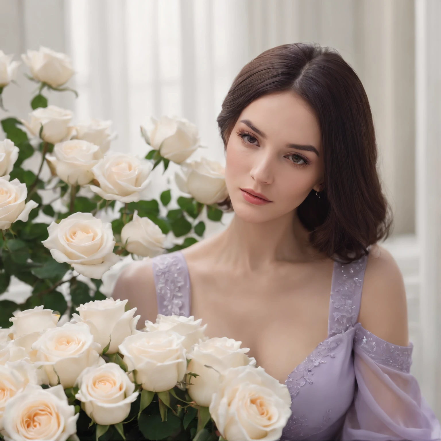 a woman, black and straight bob hair, sitting with her head down, looking at a large bouquet of white roses that is on her lap, lilac dress, view from a distance.