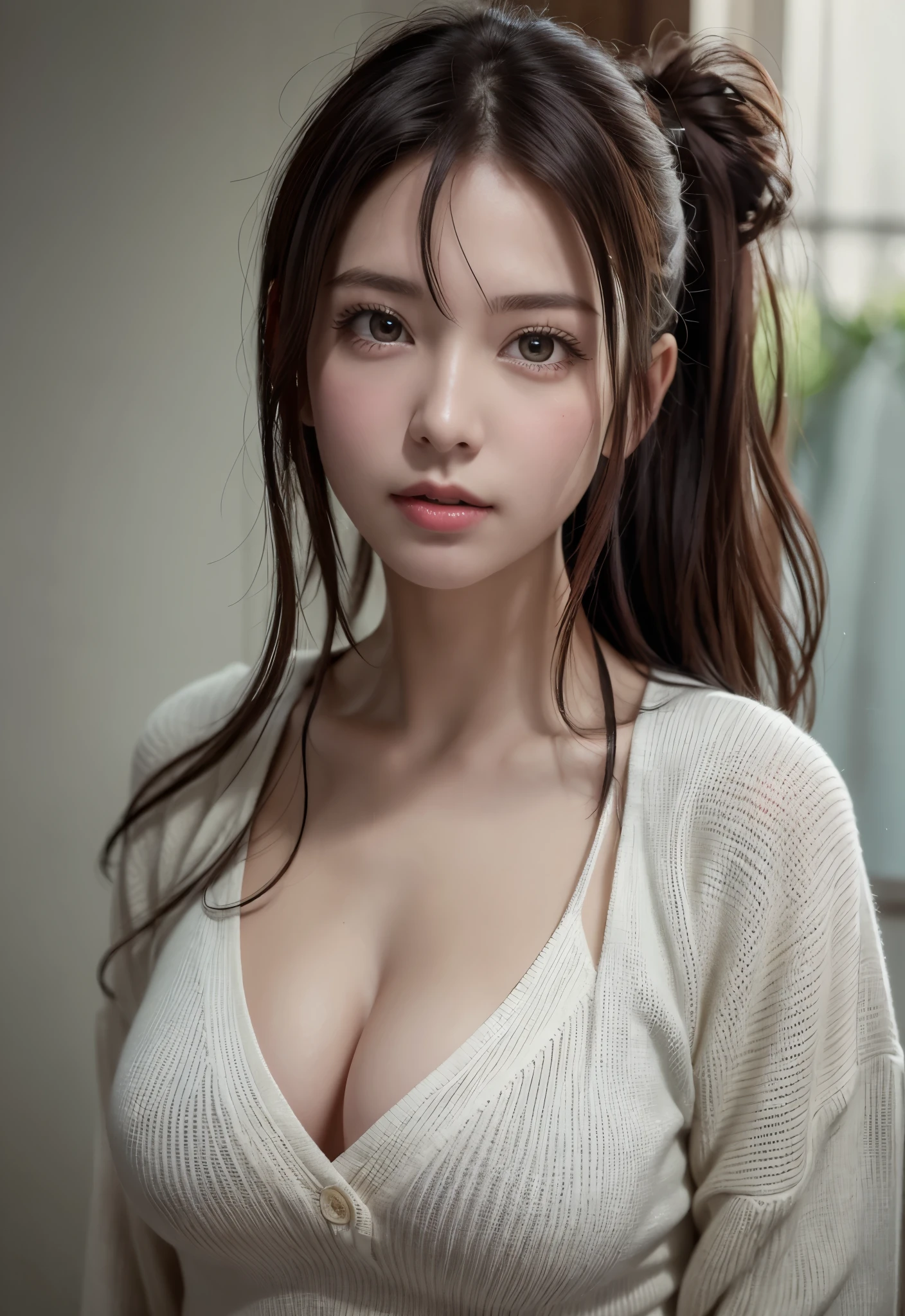 8K, of the highest quality, masutepiece:1.2), (Realistic, Photorealsitic:1.37), of the highest quality, masutepiece, Beautiful young woman, Pensive expression,、A charming、and an inviting look, Oversized knitwear、cleavage of the breast, Hair tied back, Cinematic background, Light skin tone