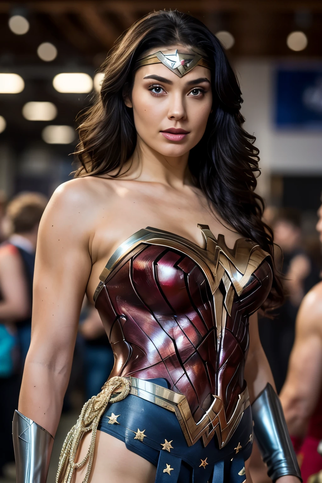 masterpiece, Best Quality, Photorealistic, Ultra-detailed, finely detail, hight resolution, 8k wallpaper, high level of detail, Beautiful woman, (detailed brown eye, ((Facing the front)), ((Look at viewers)), (Sexy pose), Small light, Low contrast, Facial symmetry, a lot of people in background, comic con, central image, Lights up softly, (finely detailed skin), pale skin, Realistic skin texture, Extreme skin details, (pores: 0.1), , small bust with good shape, , slim figure, Hourglass body shape, fitness body, wonder woman, armor, intagram filter