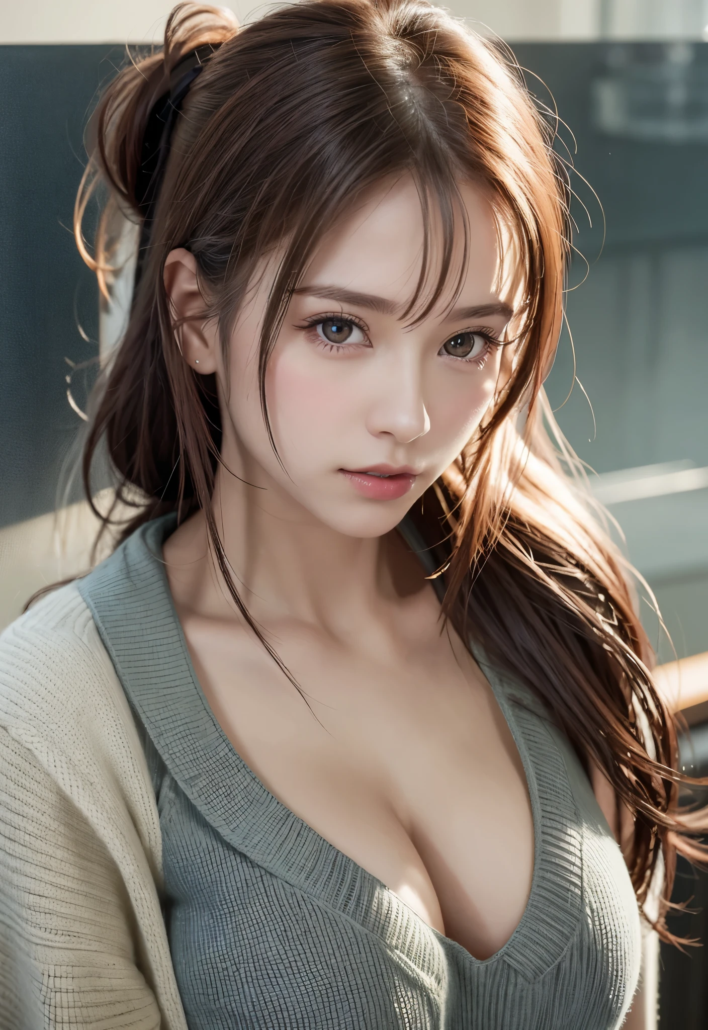 8K, of the highest quality, masutepiece:1.2), (Realistic, Photorealsitic:1.37), of the highest quality, masutepiece, Beautiful young woman, Pensive expression,、A charming、and an inviting look, Oversized knitwear、cleavage of the breast, Hair tied back, Cinematic background, Light skin tone