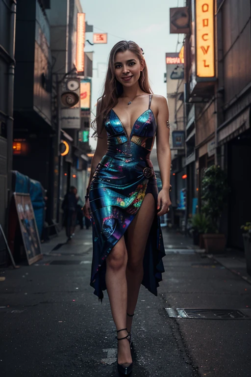 full body, of a woman smiling with a colorful dress, 4k highly detailed digital art, 4k detailed digital art, realistic digital art 4k, realistic digital art 4 k, stunning digital illustration, portrait beautiful sci - fi girl, portrait of a sci - fi woman, digital artwork 4 k, the cyberpunk girl portrait, beautiful cyberpunk girl face, epic portrait illustration