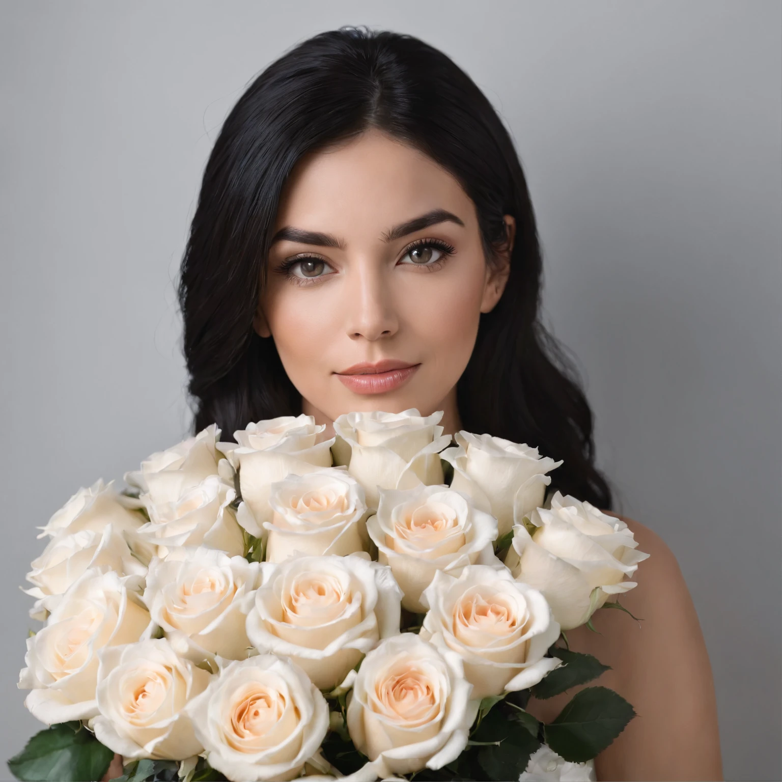 a woman, straight black hair, holding a large bouquet of white roses.