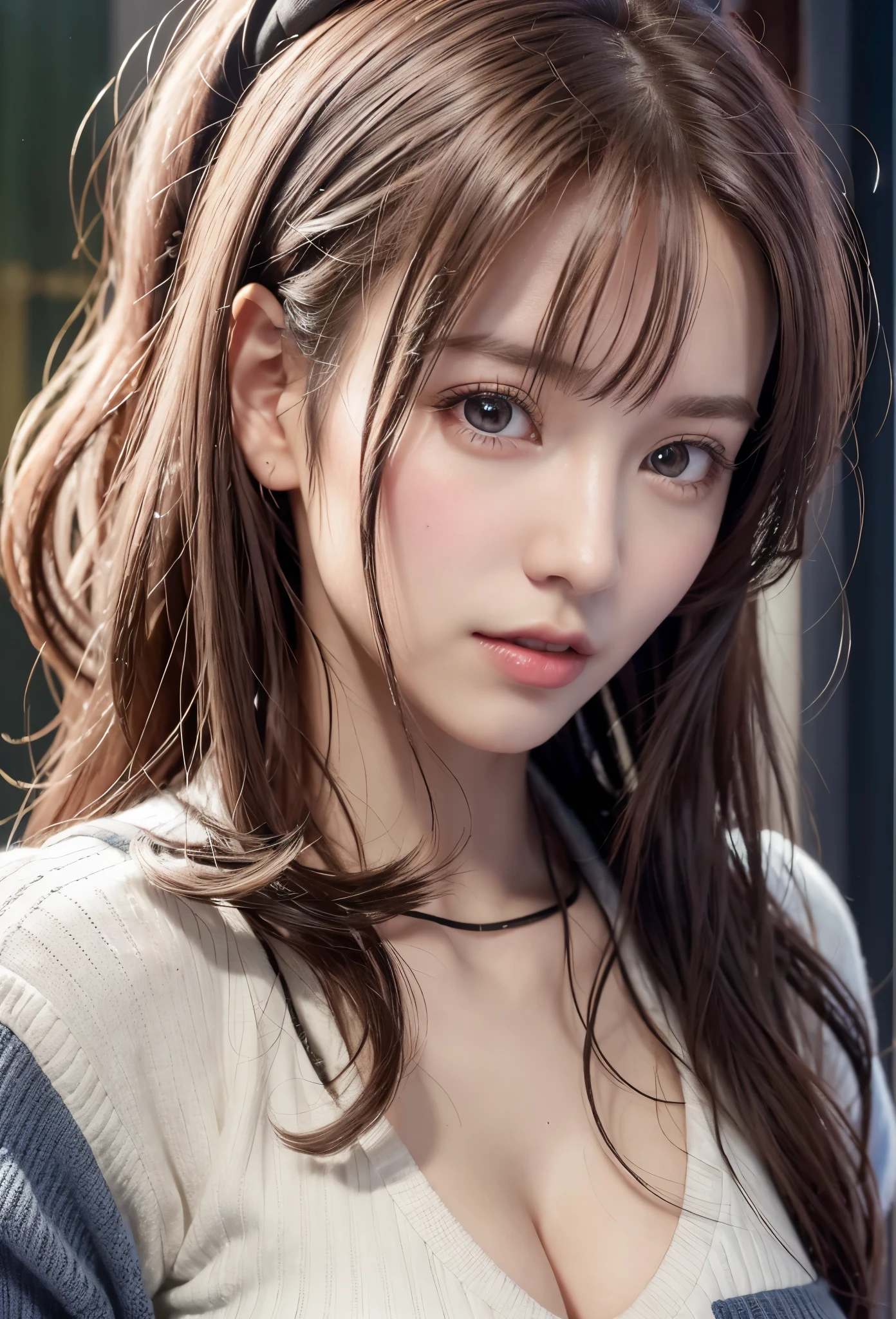 8K, of the highest quality, masutepiece:1.2), (Realistic, Photorealsitic:1.37), of the highest quality, masutepiece, Beautiful young woman, Pensive expression,、A charming、and an inviting look, Oversized knitwear、cleavage of the breast, Hair tied back, Cinematic background, Light skin tone