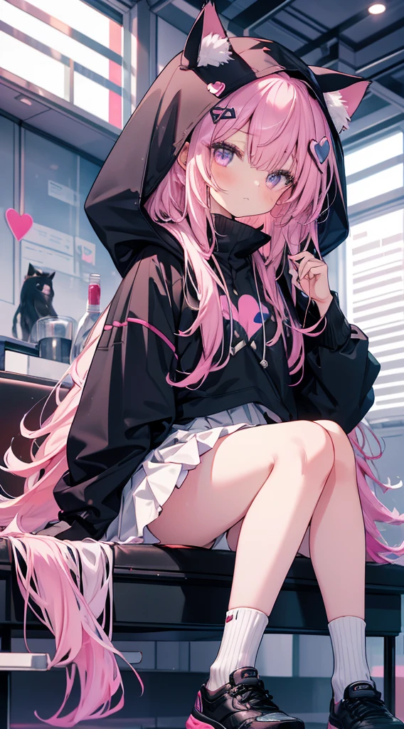 19:40:29 
13日後に期限切れ
a young girl with long Pink hair in a black hoods and cats ears, 1girl in, Solo, hoods, Pink hair, Skirt, Long hair, sox, Sitting, Looking at Viewer, white Skirt, Long sleeves, pleated Skirt, Hair Ornament, black sox, Bangs, Closed mouth, Animal ears, Pink eyes, （A heart in the eye）blue nails, animal.high-level image quality.