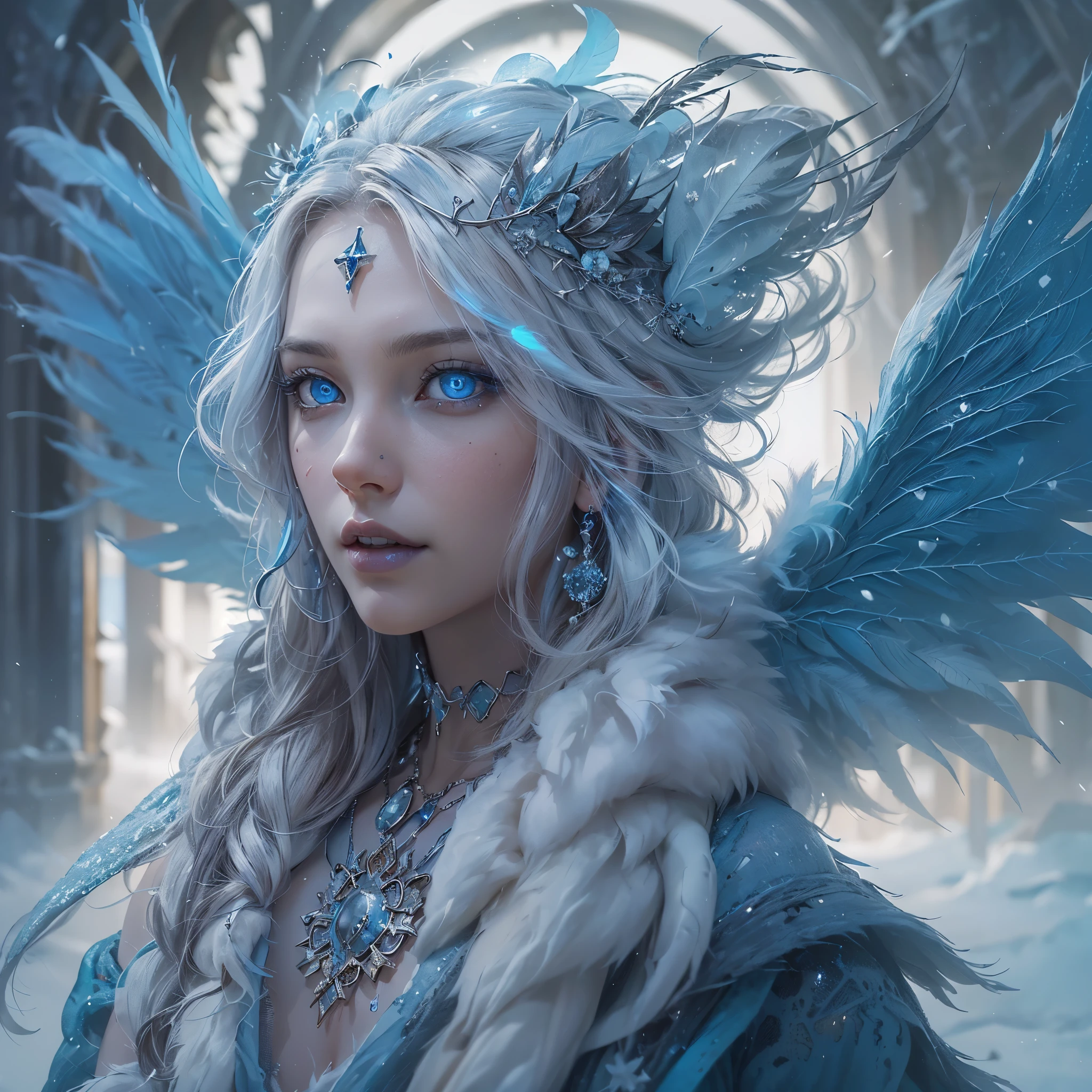 (award-winning masterpiece, incredibly detailed, textured and maximum detail), (hyper realism:1.4), (realism:1.3), (top quality realistic textured skin), (detailed true circle symmetrical eye-catching exquisite face, ((medieval world)), ((Lord demon)), ((Lord frozen Extreme Cold Devil)), (eyes burning bright and icy), (she has a mischievous smile), (eyes glowing blue in the dark: 1.8), (blue eyes with strong blue light from within: 1.7), ((and a strong wind swirling in the background)), (dramatic light), (majestic scene), (her expression is gentle and beautiful, but somehow terrifying), (large wings with feathers behind her shoulders:1.6), snowflake earrings in her ears, (dramatic photo:1.7), (seductive pose), ((dramatic pose)), (gorgeous photo), (golden hair), (silver hair), (chestnut hair), short-cut hair, (full-length portrait:1.7), ((examines)), ((looking down)), ((full-length standing view)), ((gives full-length standing view)), ((full-length standing view)), (elaborately crafted necklace around her neck), (bioluminescent with brilliant glow:1.1), (flashy ice magic use:1.2), (swirls and snow), ((snowflakes)), (luminous magic circle), ruins of ancient castle, abandoned ruins, crumbling ruins, shining majestic cloud mass and sky, lightning, epic realism, fading, art book, (Greg Rutkowski:0.8), (teal and orange:0.4), (art book station:1.5), cinematic, ((neutral hues)), (ticker:1.5), (muted colors:1.2), hyperdetailed, dramatic light, (elaborate detail:1.1), background complex, (teal and orange:0.4), (teal and orange:0.4))