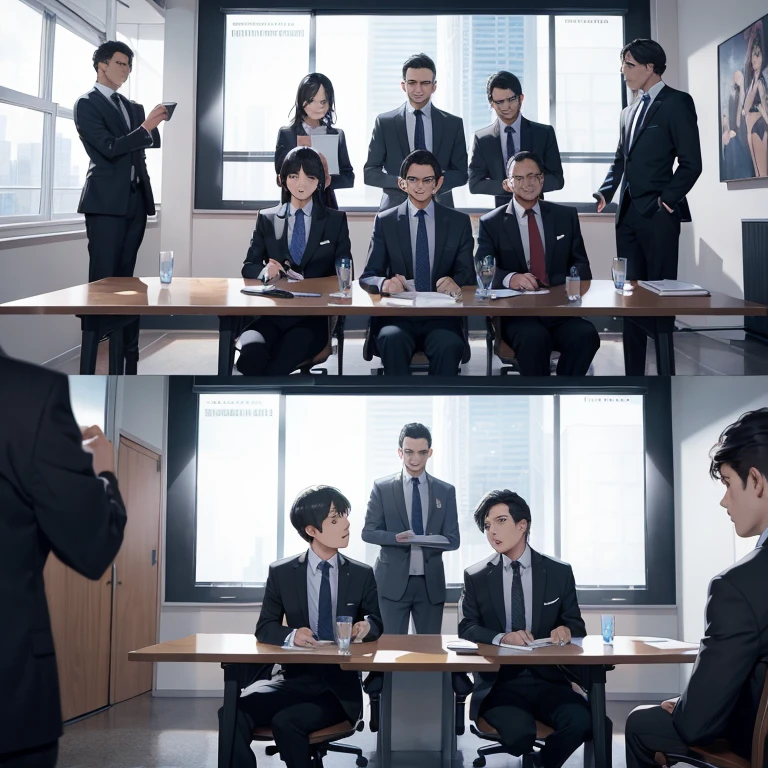 Absurd resolution, high resolution, (masterpiece: 1.4), super detail, oversized conference room, screen, a group of men in suits, very shocked and surprised expressions