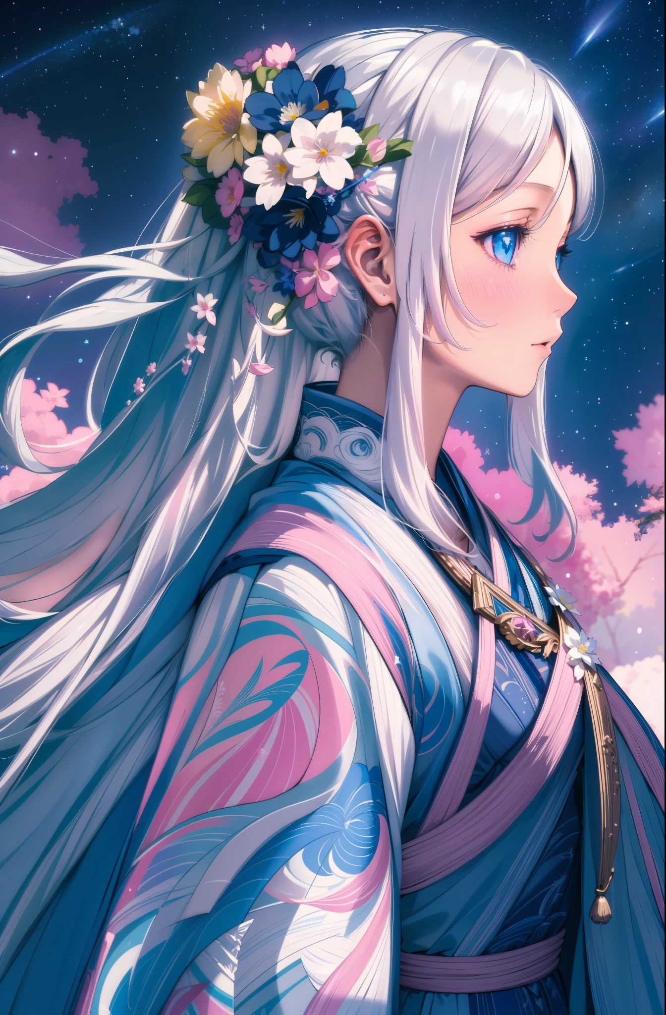 extremely intricate, masterpiece, Best quality, award winning, 8K，1girl, ((long white hair)), (pink flower), (blue eyes), night sky, shooting star, starry sky, colorful cloth