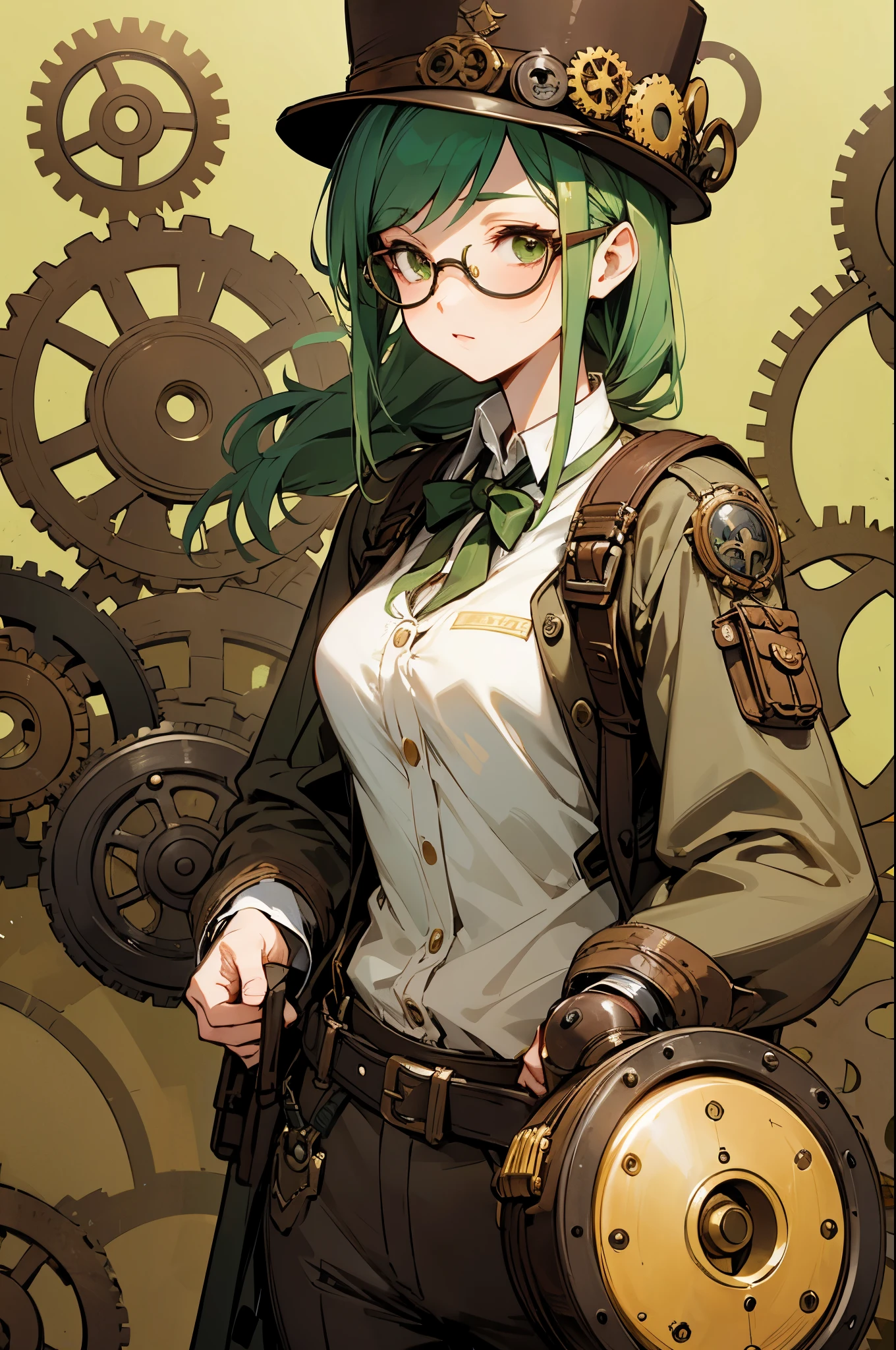 The hostess of Hana gear workshop wears glasses steampunk clothes are green Her hair is shoulder length and falls outwards. There are gears on the hat