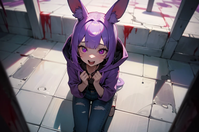 ((Masterpiece)), (high definition:1.3), Beautiful,(Masterpiece), 8K, From directly above, wideshot, super detaill, Realistic, Beautiful photo, Textured skin, Cinematic lighting,(beautiful medium bob、Black rabbit ears、Oversized pink hoodie、stream of blood, Ripped short denim trousers、very glowing purple eyes 、crazy eyes)、(the floor is wet from a large pool of blood、Sit on the ground、holding a knife in his hand、Creepy and inorganic white concrete room)((Masterpiece))、Blush、Big purple eyes, big open your mouth and a crazy smile、purple colored hair、Cute Beautiful Girl, sweaty