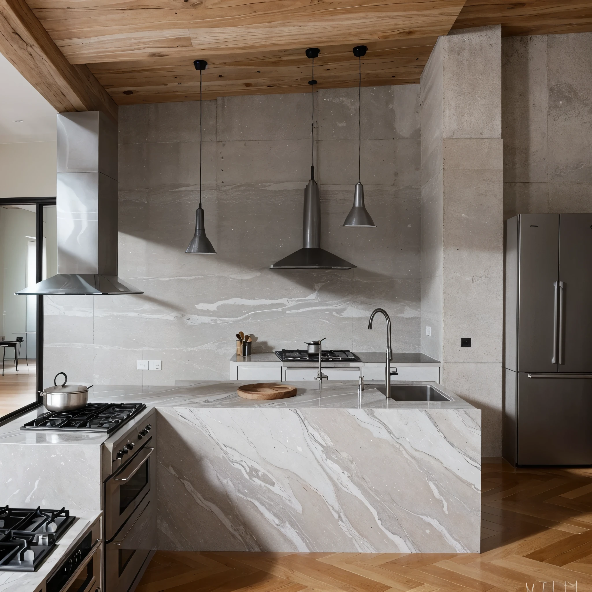 Grey-themed kitchen. Marbled countertops. Steel-plated stoves. Pendant lamps hanging from the ceiling. Wooden clock on the wall.