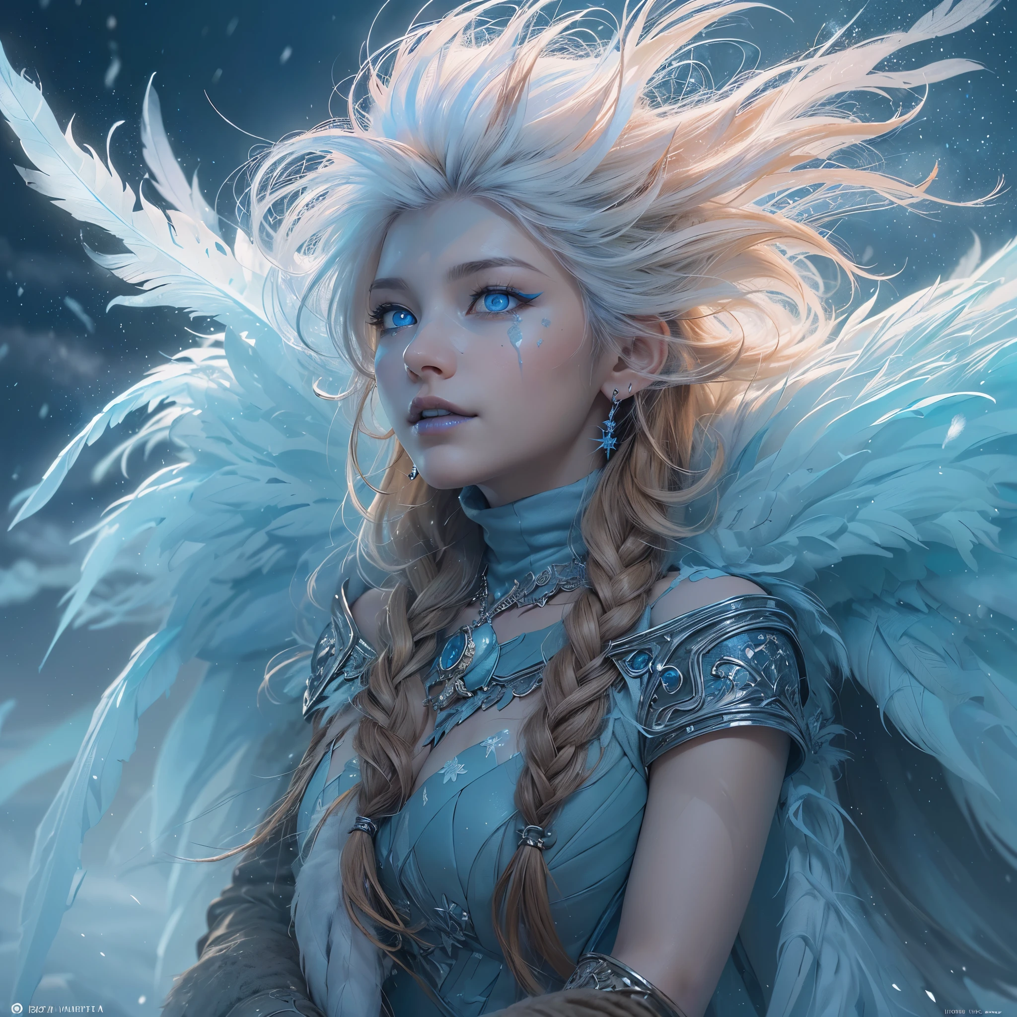 (award-winning masterpiece, incredibly detailed, textured and maximum detail), (hyper realism:1.4), (realism:1.3), (top quality realistic textured skin), (detailed true circle symmetrical eye-catching exquisite face, ((medieval world)), ((Lord demon)), ((Lord frozen Extreme Cold Devil)), (eyes burning bright and icy), (she has a mischievous smile), (eyes glowing blue in the dark: 1.8), (blue eyes with strong blue light from within: 1.7), ((and a strong wind swirling in the background)), (dramatic light), (majestic scene), (her expression is gentle and beautiful, but somehow terrifying), (large wings with feathers behind her shoulders:1.6), snowflake earrings in her ears, (dramatic photo:1.7), (seductive pose), ((dramatic pose)), (gorgeous photo), (golden hair), (silver hair), (chestnut hair), short-cut hair, (full-length portrait:1.7), ((examines)), ((looking down)), ((full-length standing view)), ((gives full-length standing view)), ((full-length standing view)), (elaborately crafted necklace around her neck), (bioluminescent with brilliant glow:1.1), (flashy ice magic use:1.2), (swirls and snow), ((snowflakes)), (luminous magic circle), ruins of ancient castle, abandoned ruins, crumbling ruins, shining majestic cloud mass and sky, lightning, epic realism, fading, art book, (Greg Rutkowski:0.8), (teal and orange:0.4), (art book station:1.5), cinematic, ((neutral hues)), (ticker:1.5), (muted colors:1.2), hyperdetailed, dramatic light, (elaborate detail:1.1), background complex, (teal and orange:0.4), (teal and orange:0.4))