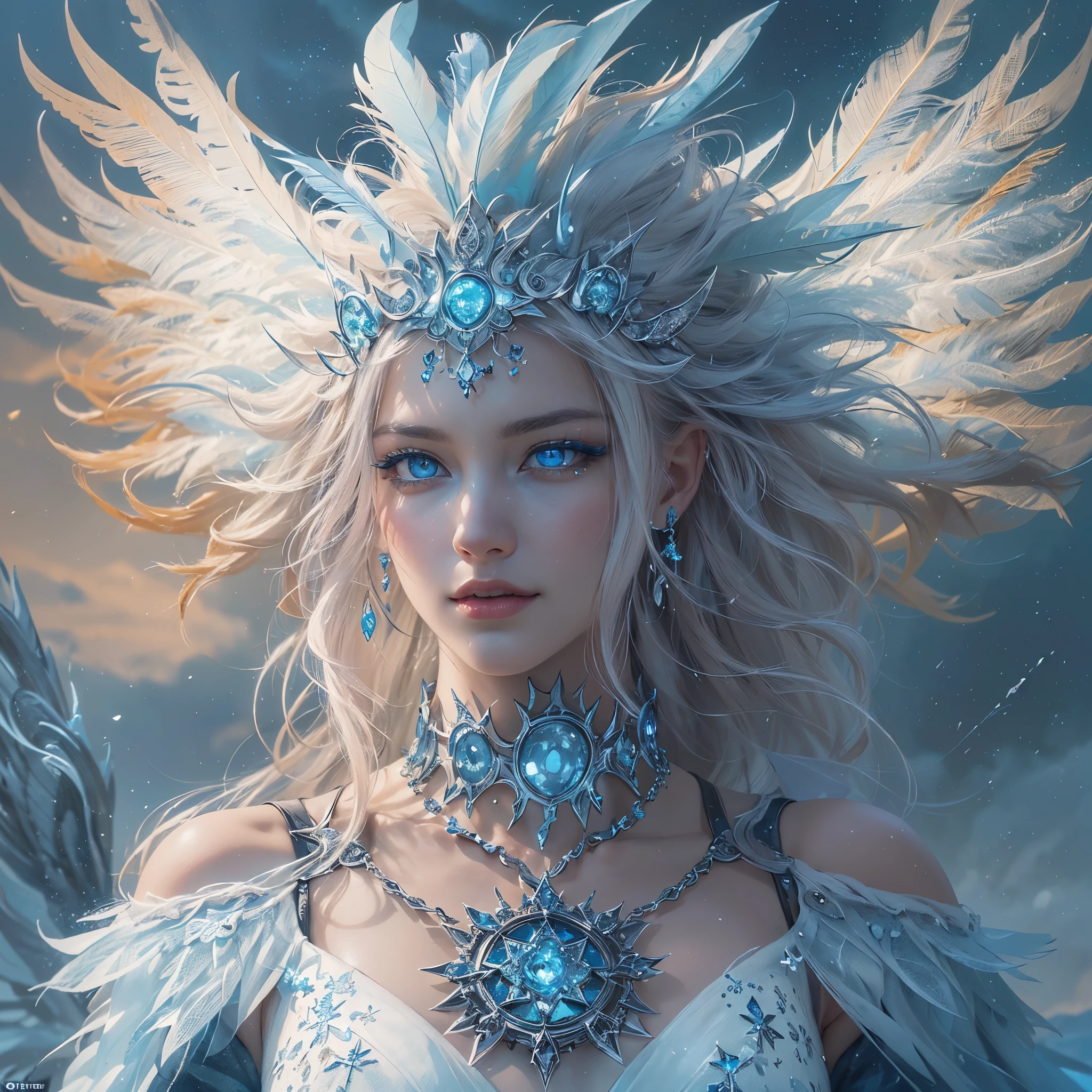 (award-winning masterpiece, incredibly detailed, textured and maximum detail), (hyper realism:1.4), (realism:1.3), (top quality realistic textured skin), (detailed true circle symmetrical eye-catching exquisite face, ((medieval world)), ((Lord demon)), ((Lord frozen Extreme Cold Devil)), (eyes burning bright and icy), (she has a mischievous smile), (eyes glowing blue in the dark: 1.8), (blue eyes with strong blue light from within: 1.7), ((and a strong wind swirling in the background)), (dramatic light), (majestic scene), (her expression is gentle and beautiful, but somehow terrifying), (large wings with feathers behind her shoulders:1.6), snowflake earrings in her ears, (dramatic photo:1.7), (seductive pose), ((dramatic pose)), (gorgeous photo), (golden hair), (silver hair), (chestnut hair), short-cut hair, (full-length portrait:1.7), ((examines)), ((looking down)), ((full-length standing view)), ((gives full-length standing view)), ((full-length standing view)), (elaborately crafted necklace around her neck), (bioluminescent with brilliant glow:1.1), (flashy ice magic use:1.2), (swirls and snow), ((snowflakes)), (luminous magic circle), ruins of ancient castle, abandoned ruins, crumbling ruins, shining majestic cloud mass and sky, lightning, epic realism, fading, art book, (Greg Rutkowski:0.8), (teal and orange:0.4), (art book station:1.5), cinematic, ((neutral hues)), (ticker:1.5), (muted colors:1.2), hyperdetailed, dramatic light, (elaborate detail:1.1), background complex, (teal and orange:0.4), (teal and orange:0.4))
