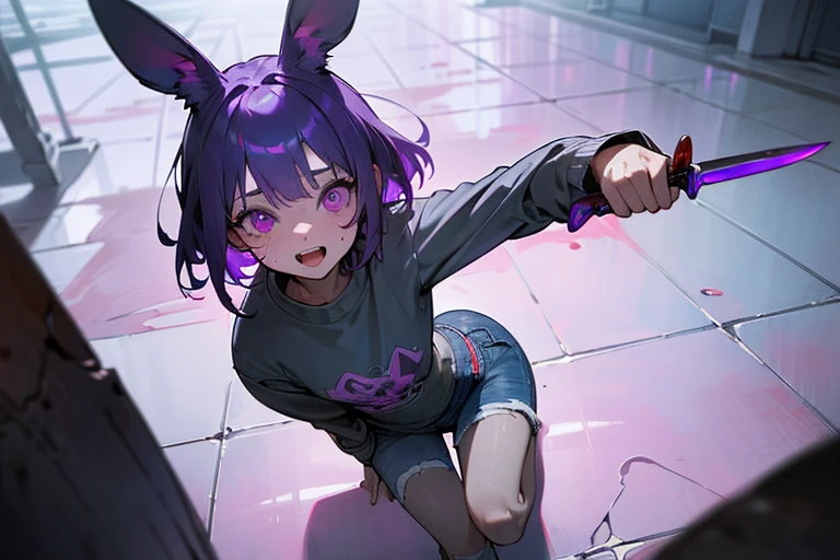 ((Masterpiece)), (high definition:1.3), Beautiful,(Masterpiece), 8K, From directly above, wideshot, super detaill, Realistic, Beautiful photo, Textured skin, Cinematic lighting,(beautiful medium bob、Black rabbit ears、Oversized pink sweatshirt、blood flow, Ripped short denim pants、very glowing purple eyes 、crazy eyes)、(the floor is wet from a large pool of blood、Sit on the ground、holding a knife in his hand、Creepy and inorganic white concrete room)((Masterpiece))、blusher、Big purple eyes, open your mouth wide and smile crazy、purple colored hair、Cute Beautiful Girl, sweaty