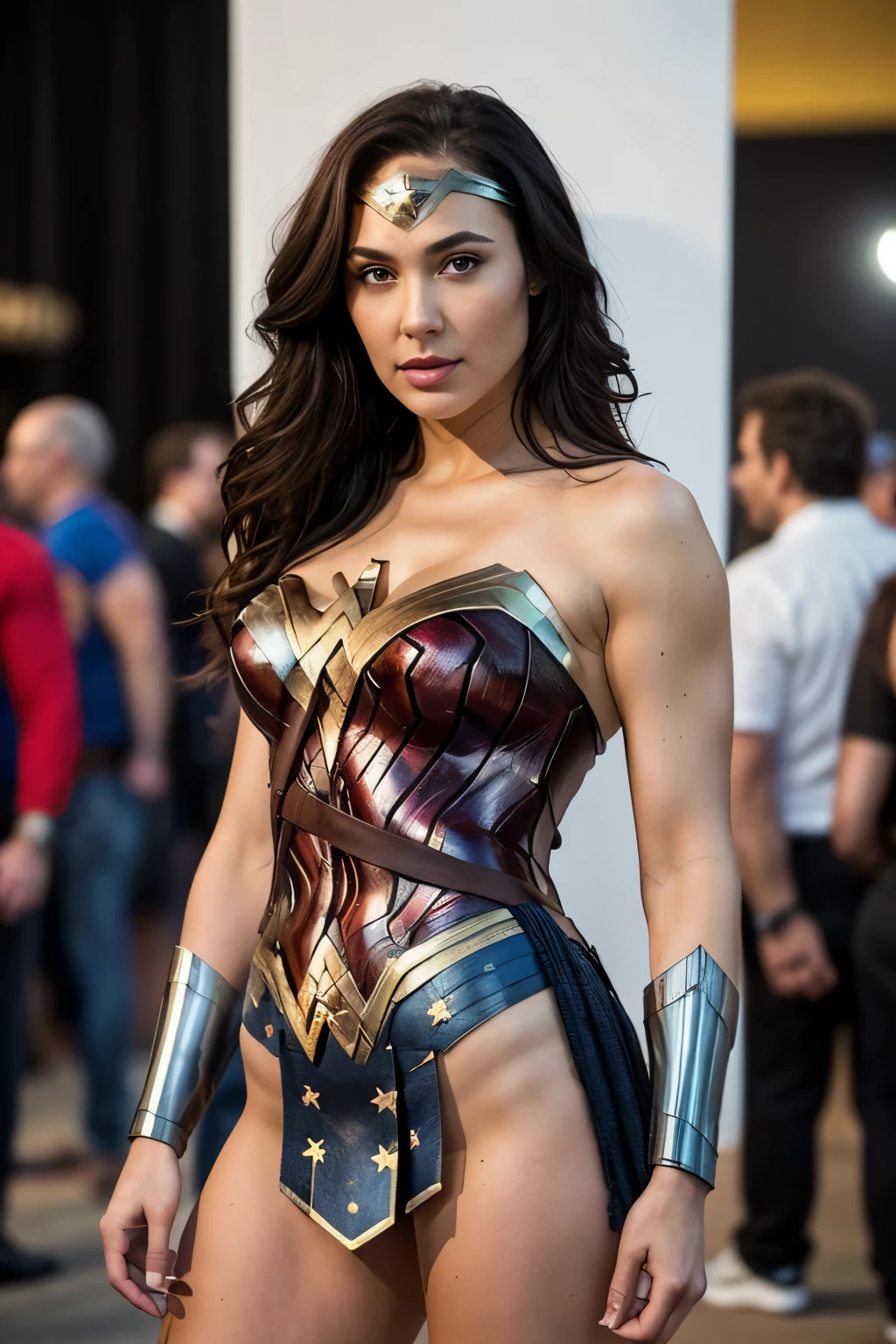 masterpiece, Best Quality, Photorealistic, Ultra-detailed, finely detail, hight resolution, 8k wallpaper, high level of detail, Beautiful woman, (detailed brown eye, ((Facing the front)), ((Look at viewers)), (Sexy pose), Small light, Low contrast, Facial symmetry, a lot of people in background, comic con, central image, Lights up softly, (finely detailed skin), pale skin, Realistic skin texture, Extreme skin details, (pores: 0.1), , small bust with good shape, , slim figure, Hourglass body shape, fitness body, wonder woman, armor, intagram filter