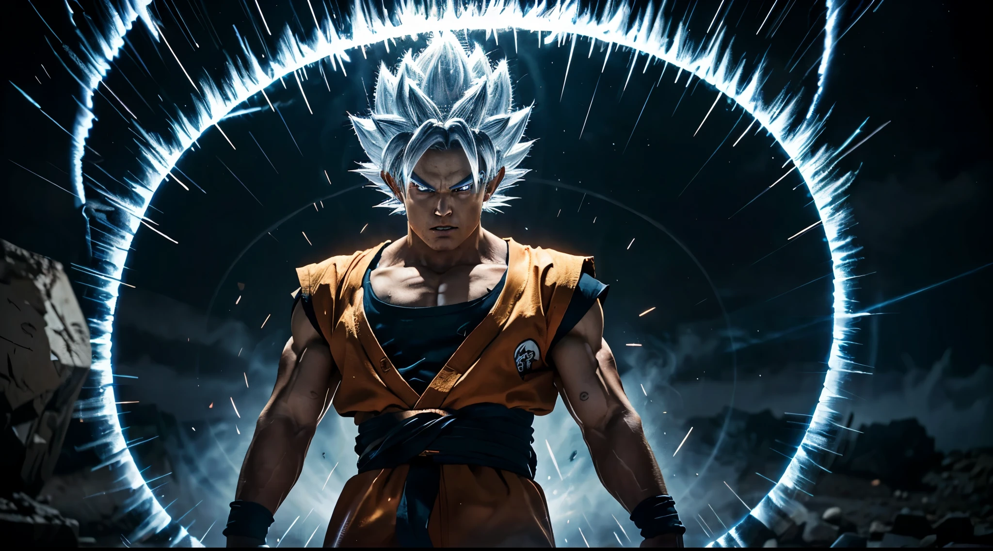 Son Goku, the legendary Saiyan warrior, stands tall and proud in his Ultra Instinct form. His hair is silver and his eyes are glowing with divine energy. He is surrounded by a white aura that crackles with power. Goku is ready to face any challenge that comes his way, and his determination is evident in his fierce expression. The background is a swirling vortex of energy, adding to the sense of power and intensity 64k uhd HDR volumetric well lit insanely detailed --ar 16:9 --style raw --chaos 75 perfect ???????